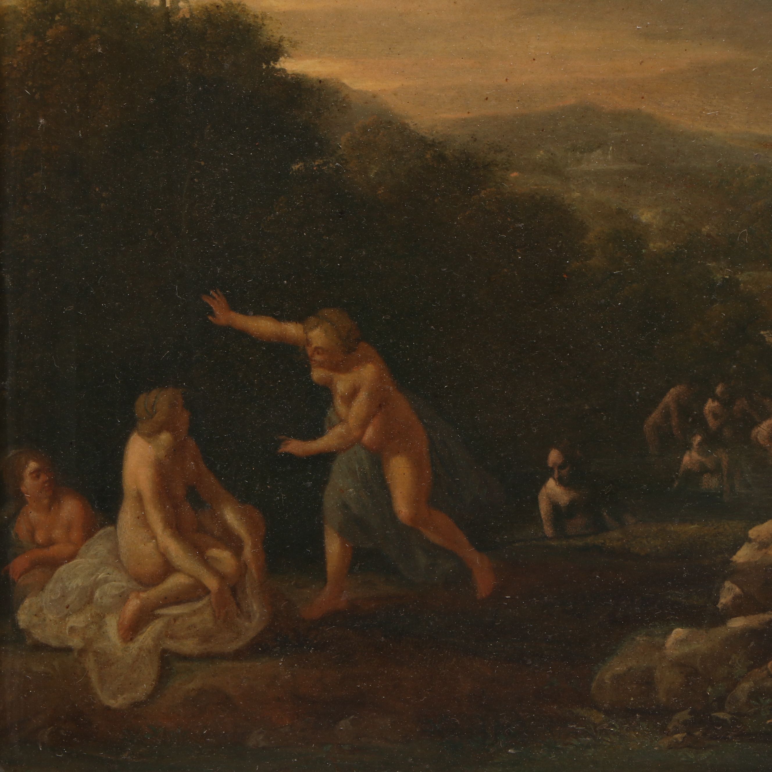 Antique Continental School Oil on Copper Diana Bathing, 17th Century