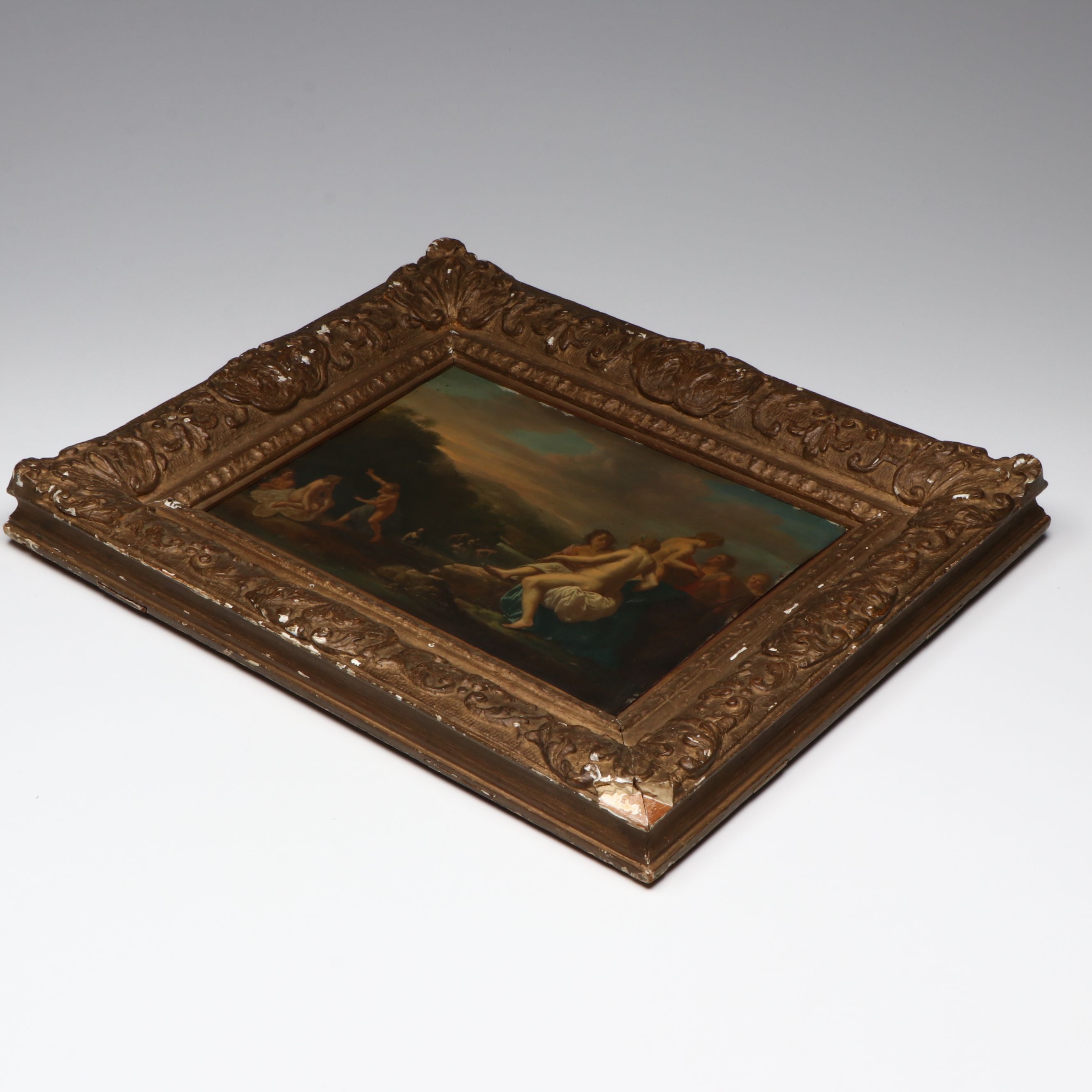 Antique Continental School Oil on Copper Diana Bathing, 17th Century