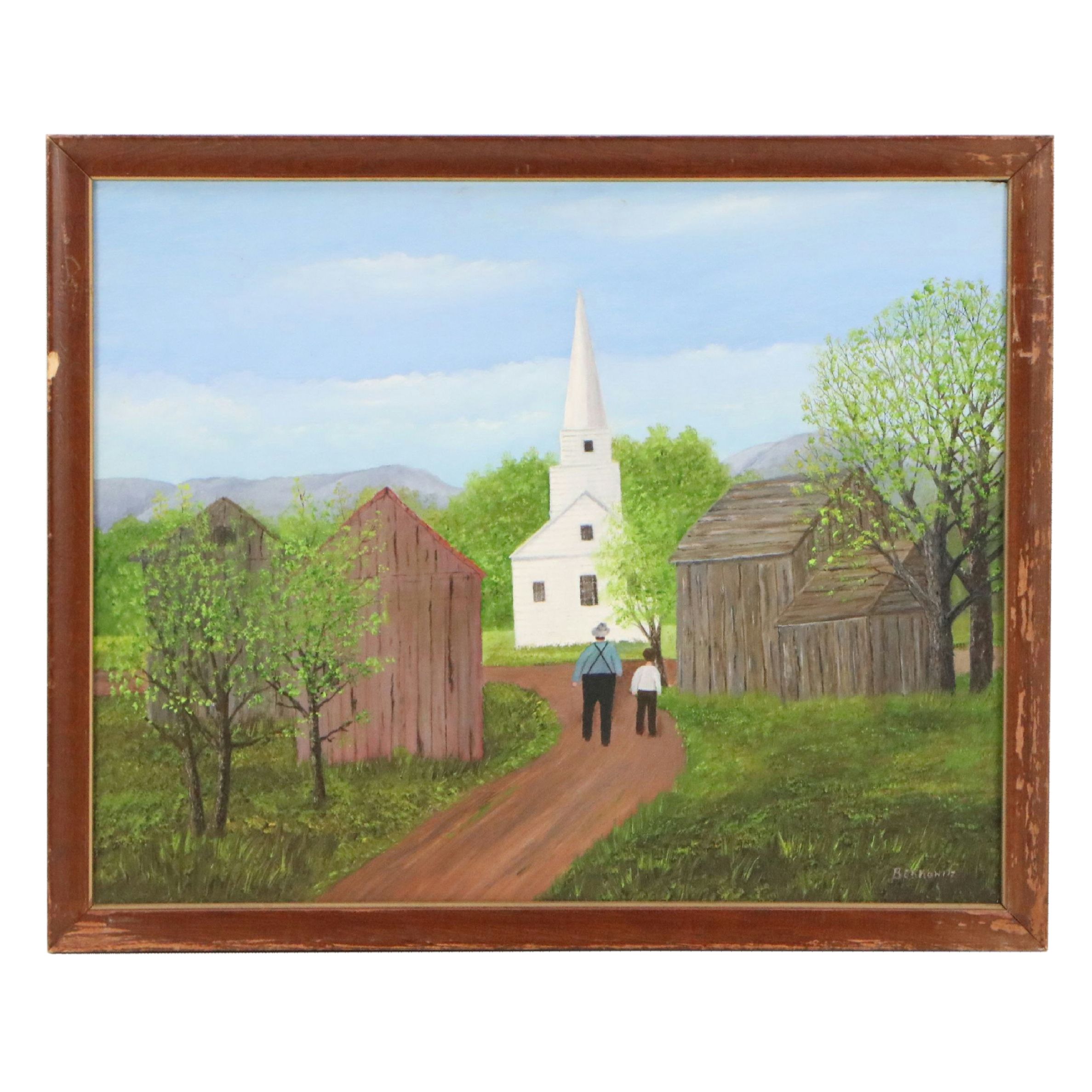 Oil Painting of Rural Church, Mid to Late 20th Century