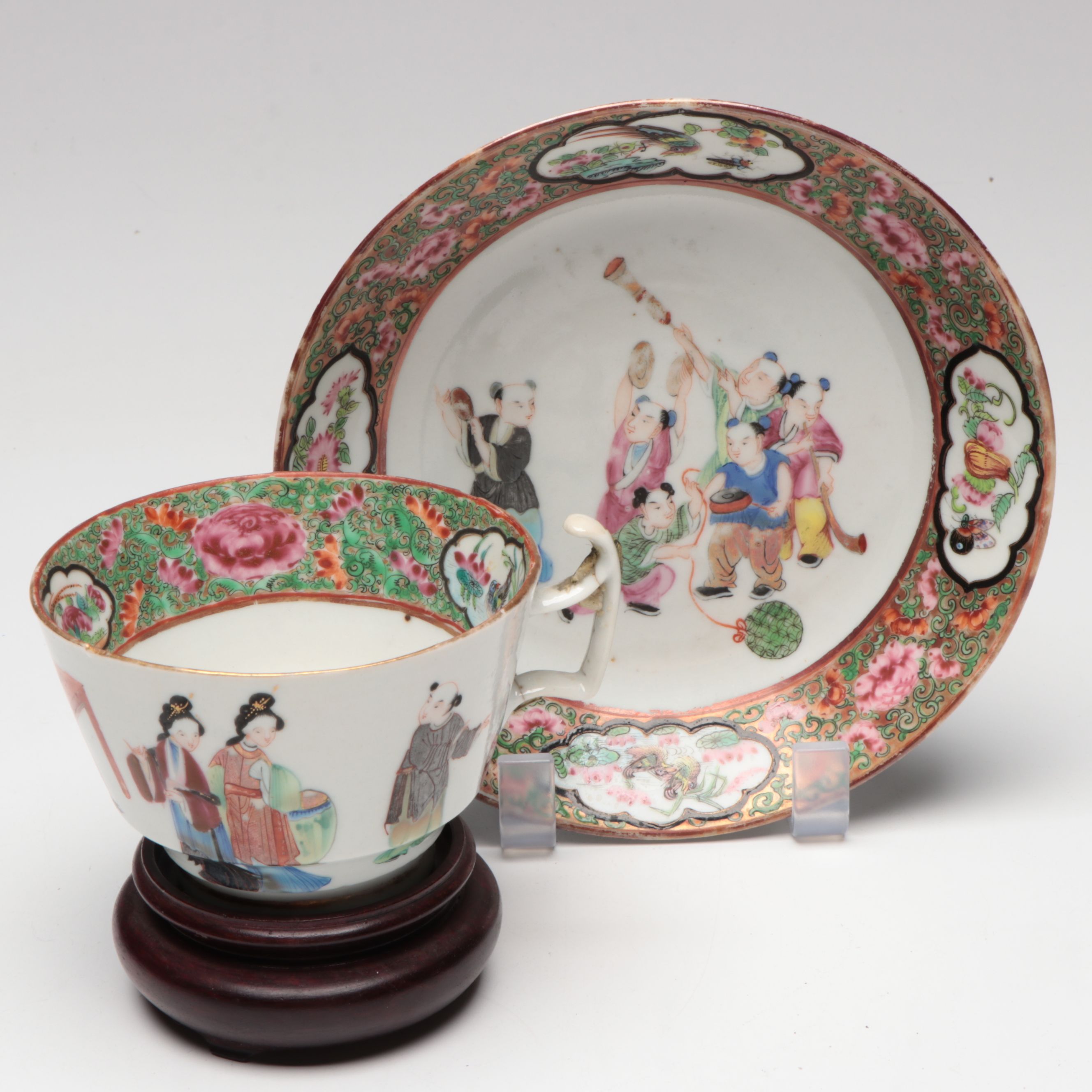 Chinese Rose Medallion Porcelain Bowl and Teacup on Wood Base
