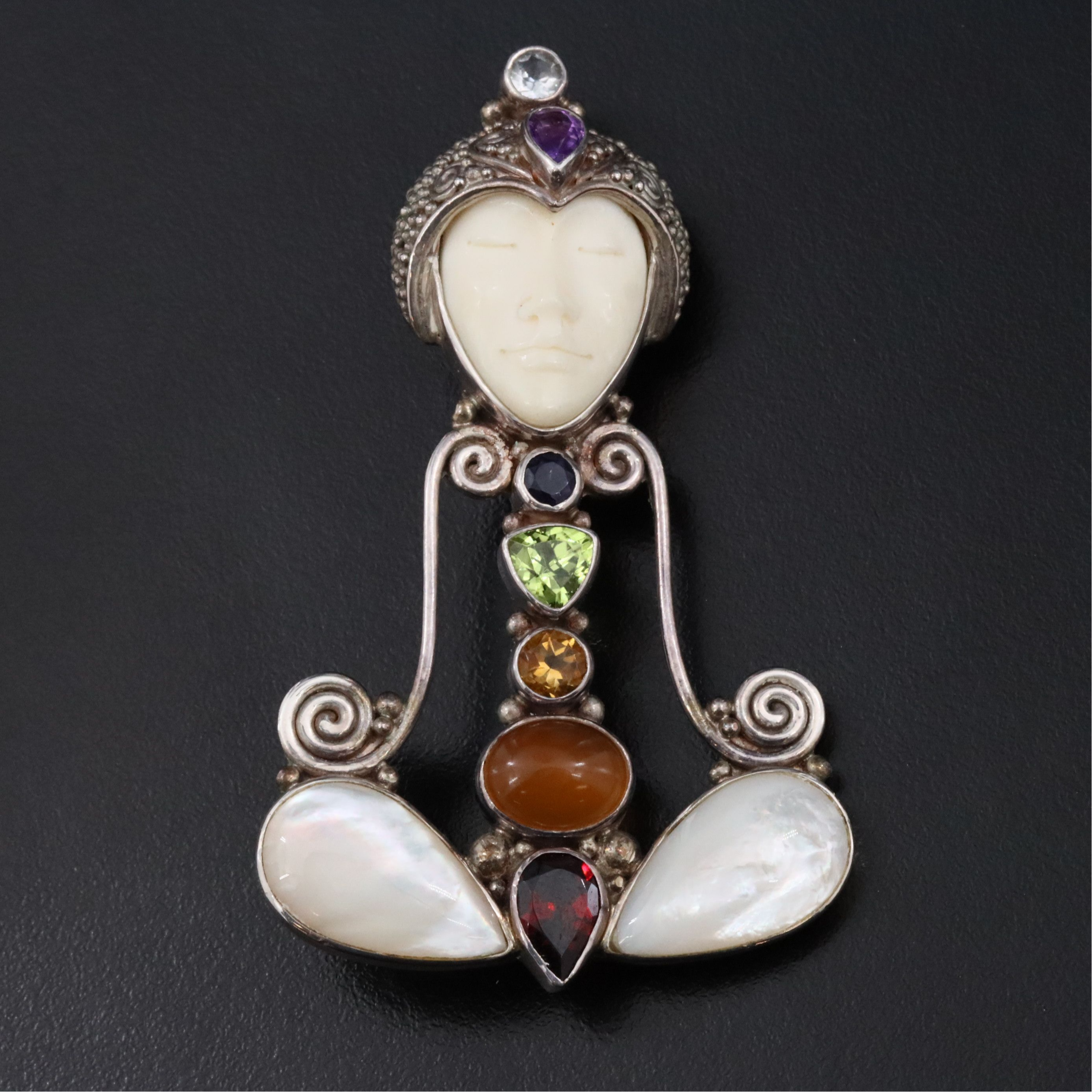 Sajen Sterling Gemstone Converter Brooch with Mother-of-Pearl, Bone, and Garnet