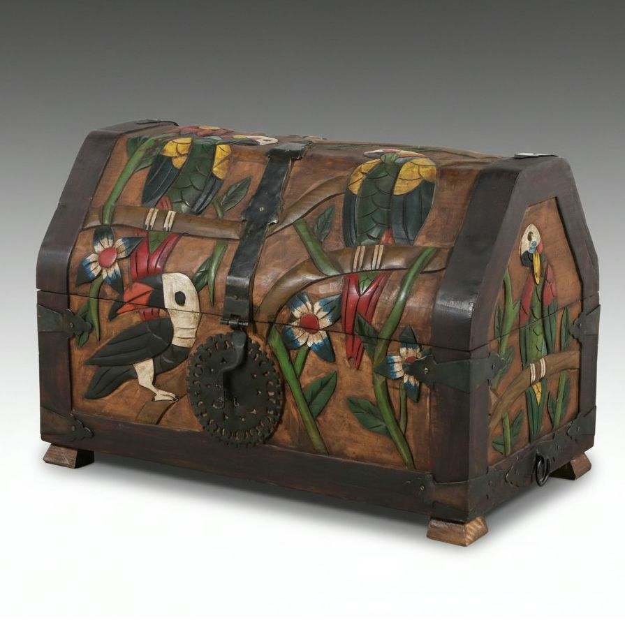 South American Folk Art Style Polychrome Carved Wood Tropical Motif Trunk