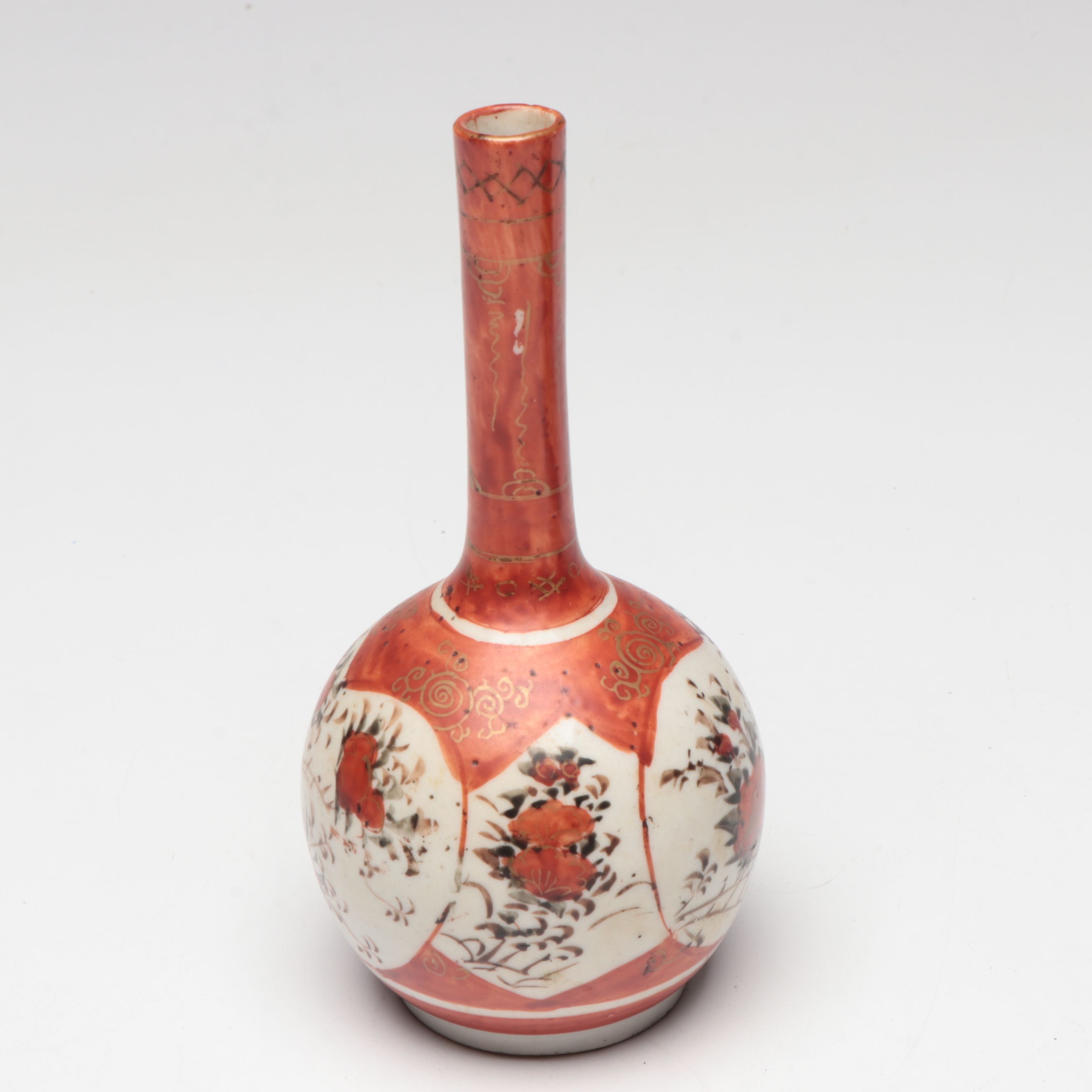 Japanese Kutani Floral Porcelain Bud Vase on Wood Stand