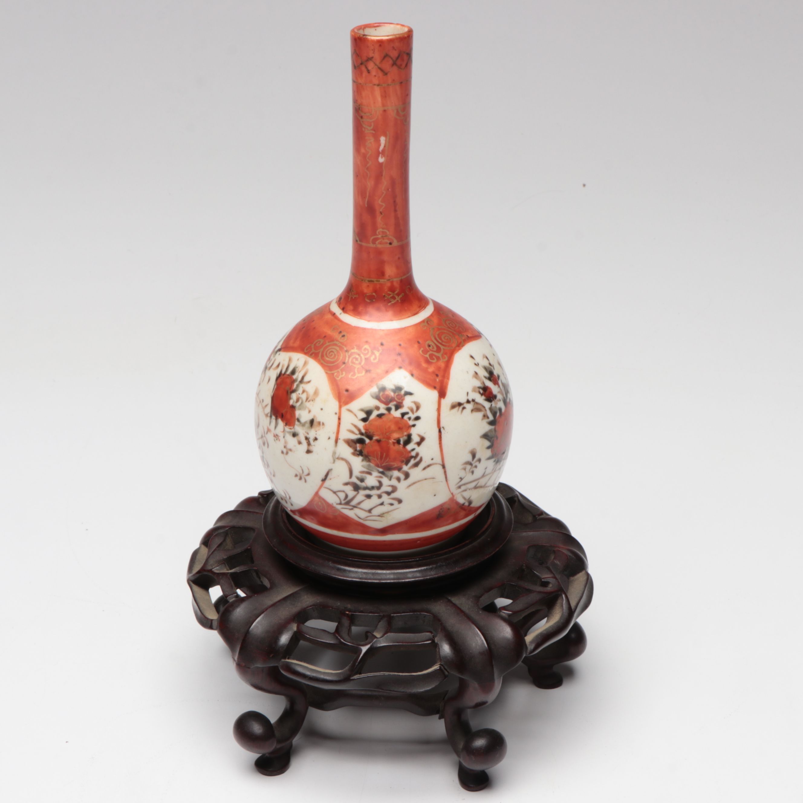 Japanese Kutani Floral Porcelain Bud Vase on Wood Stand