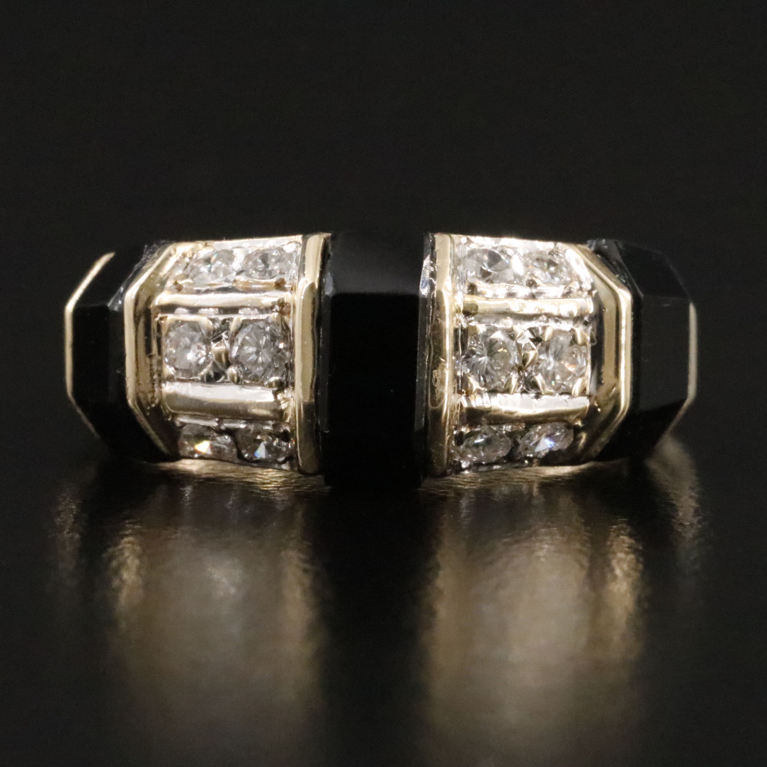 14K Diamond and Black Onyx Faceted Inlay Ring