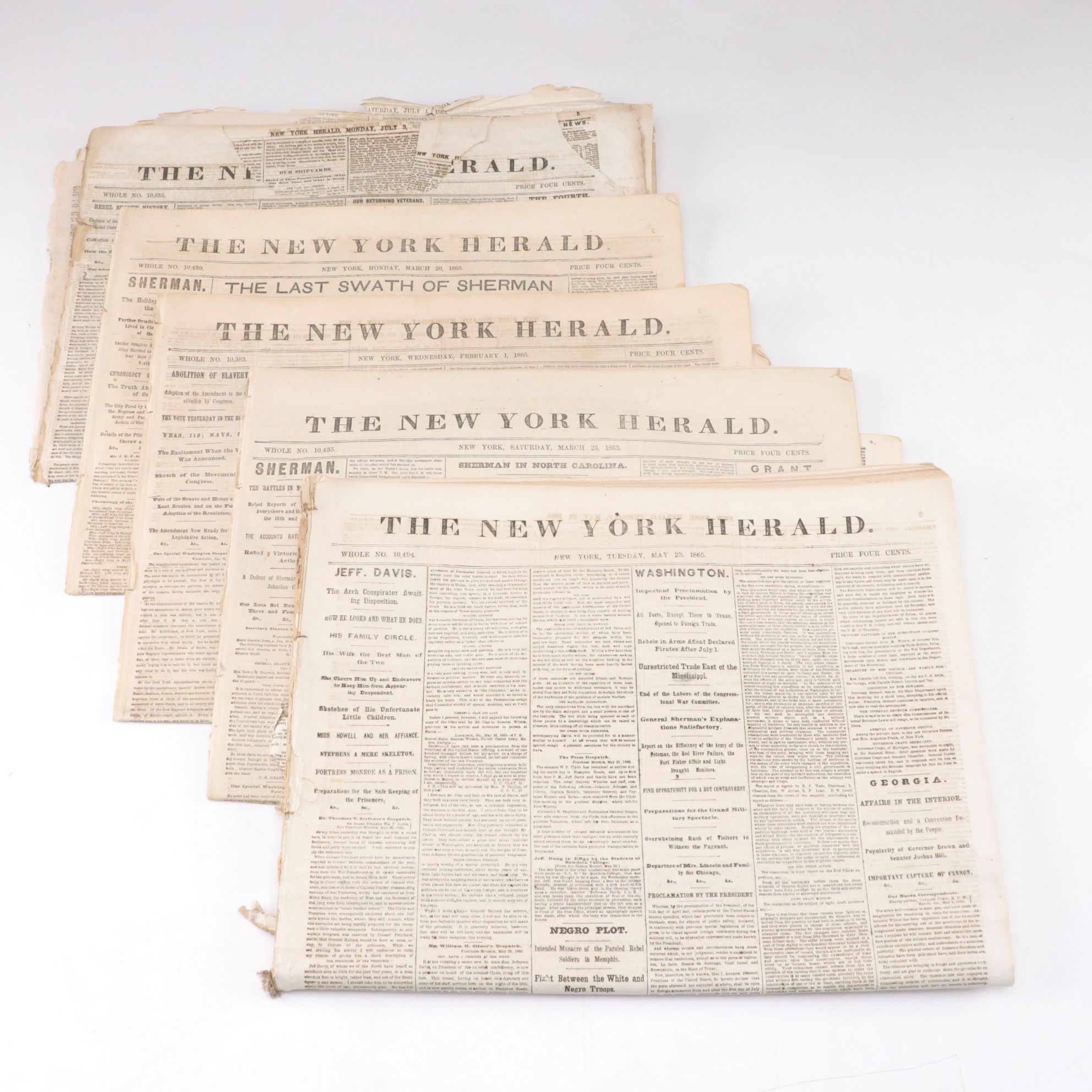 1865 "New York Herald" Newspapers Including 13th Amendment Abolition of Slavery