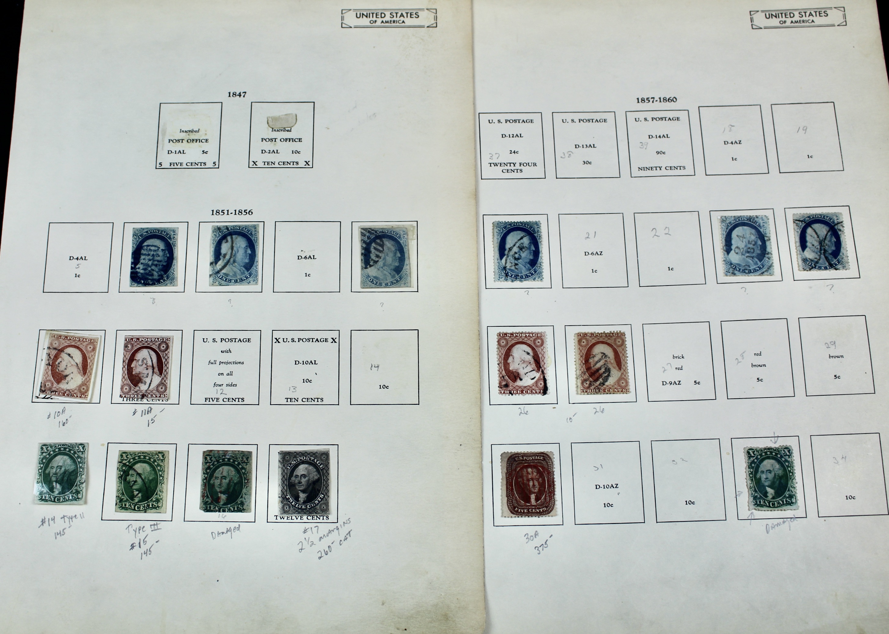 Sixteen Early Classic U.S. Postage Stamps, 1851 to 1860