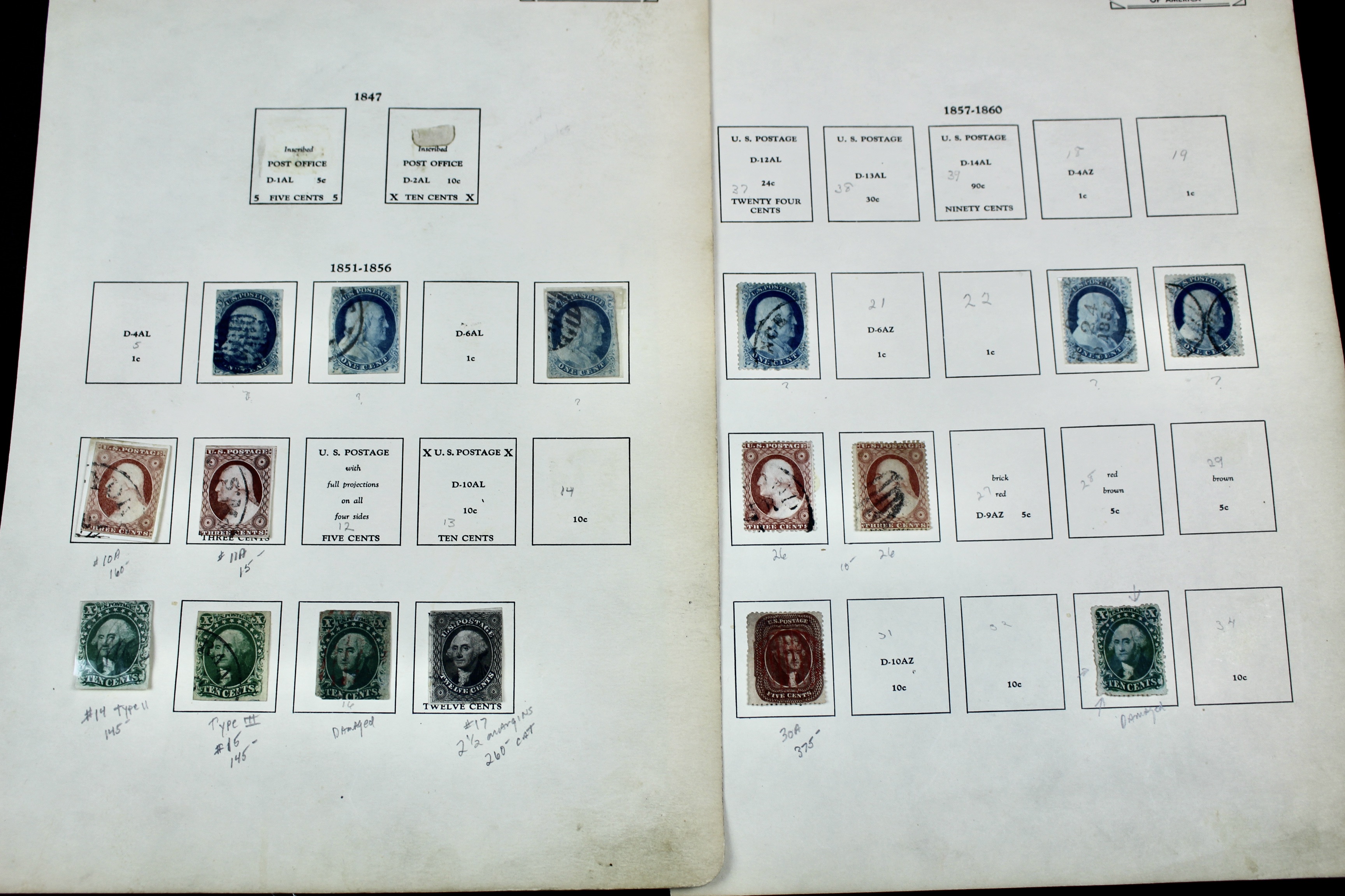 Sixteen Early Classic U.S. Postage Stamps, 1851 to 1860