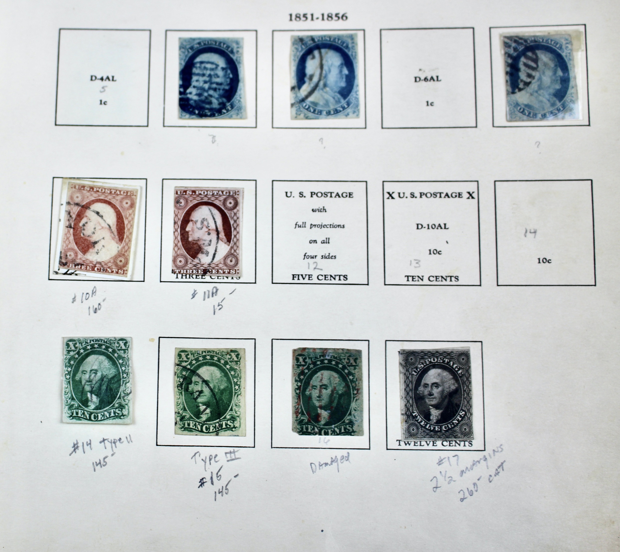 Sixteen Early Classic U.S. Postage Stamps, 1851 to 1860