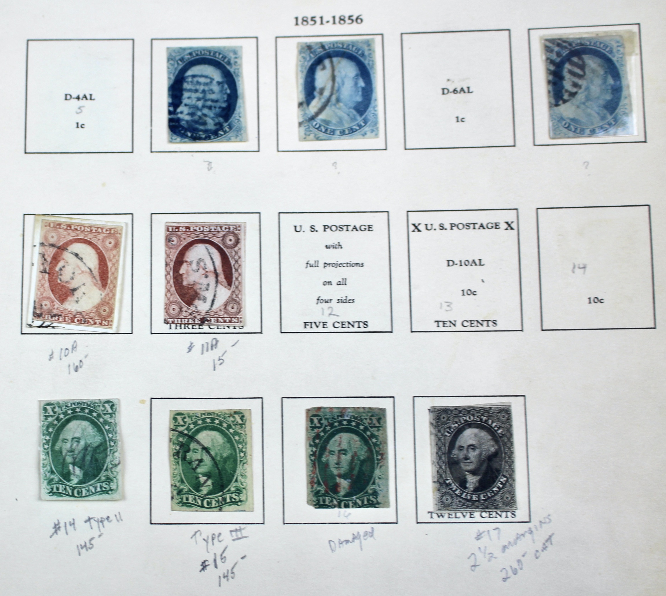 Sixteen Early Classic U.S. Postage Stamps, 1851 to 1860