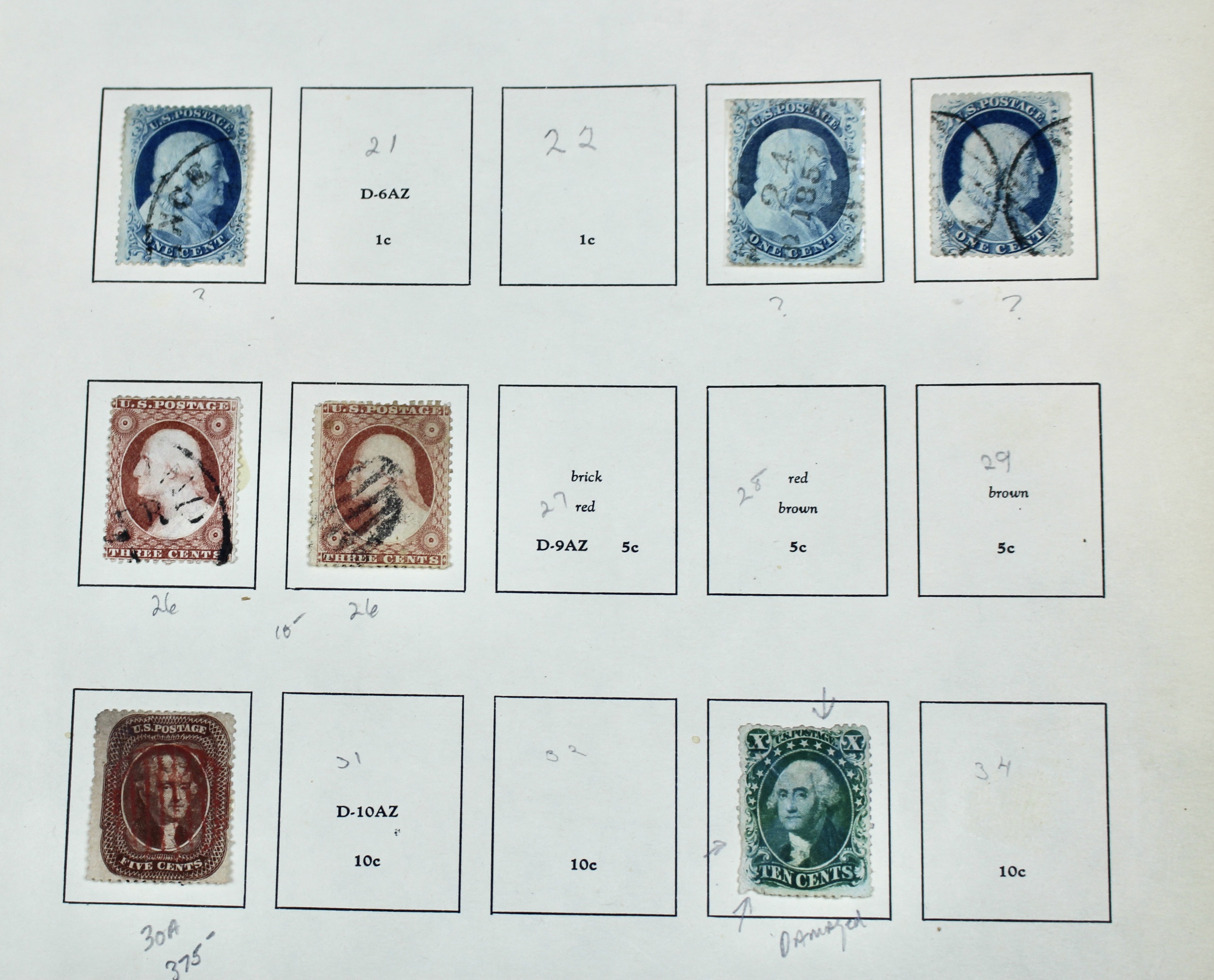 Sixteen Early Classic U.S. Postage Stamps, 1851 to 1860