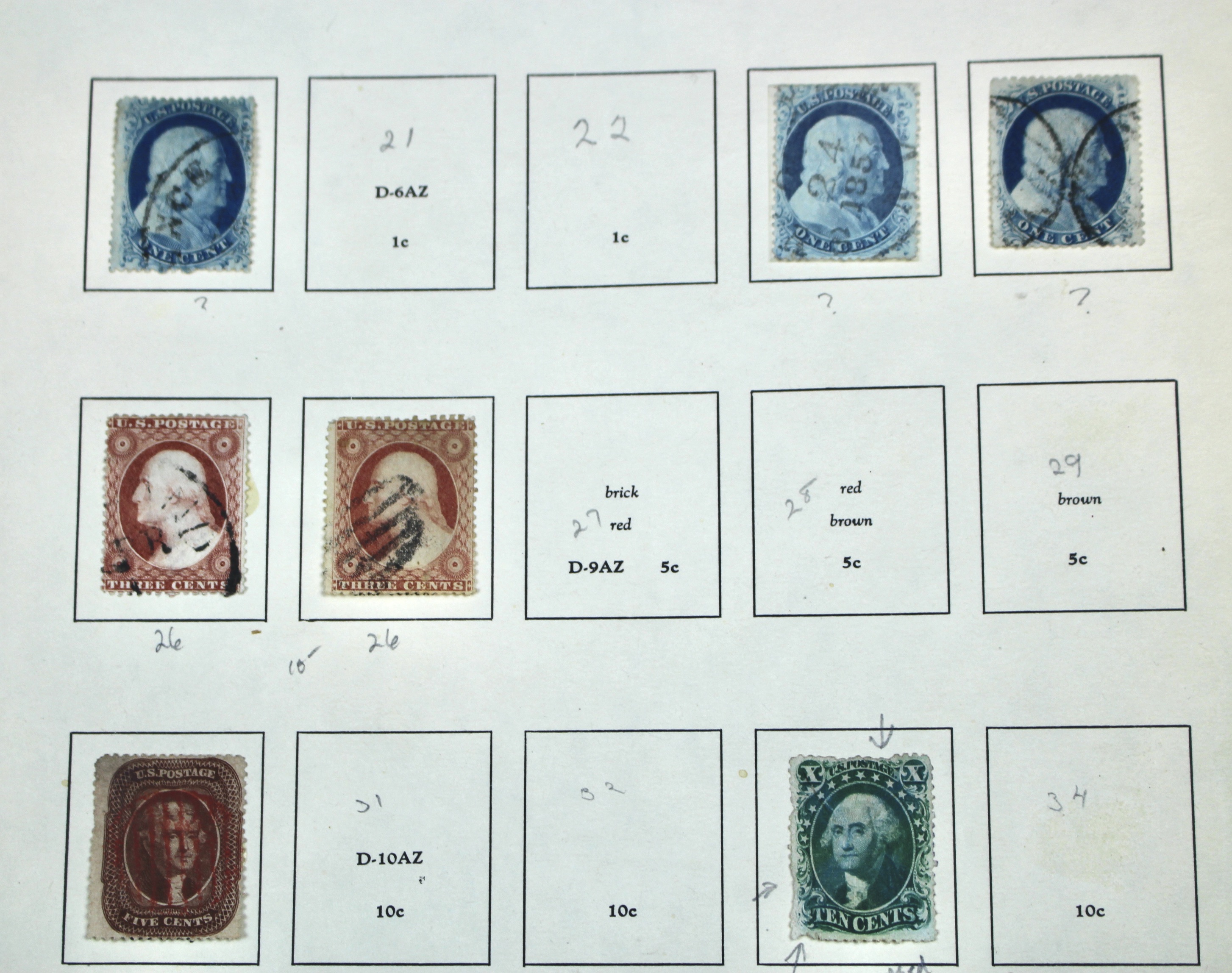 Sixteen Early Classic U.S. Postage Stamps, 1851 to 1860