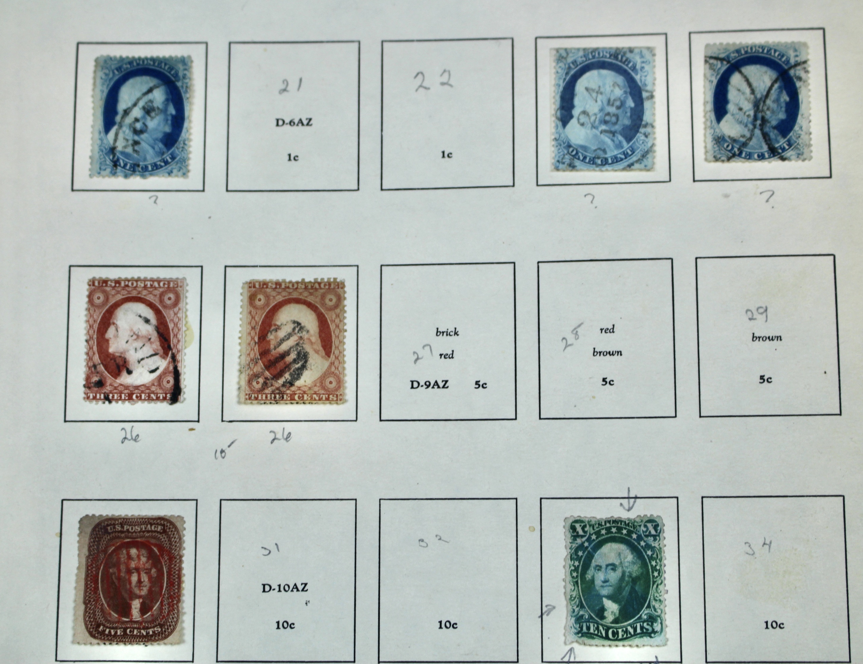 Sixteen Early Classic U.S. Postage Stamps, 1851 to 1860