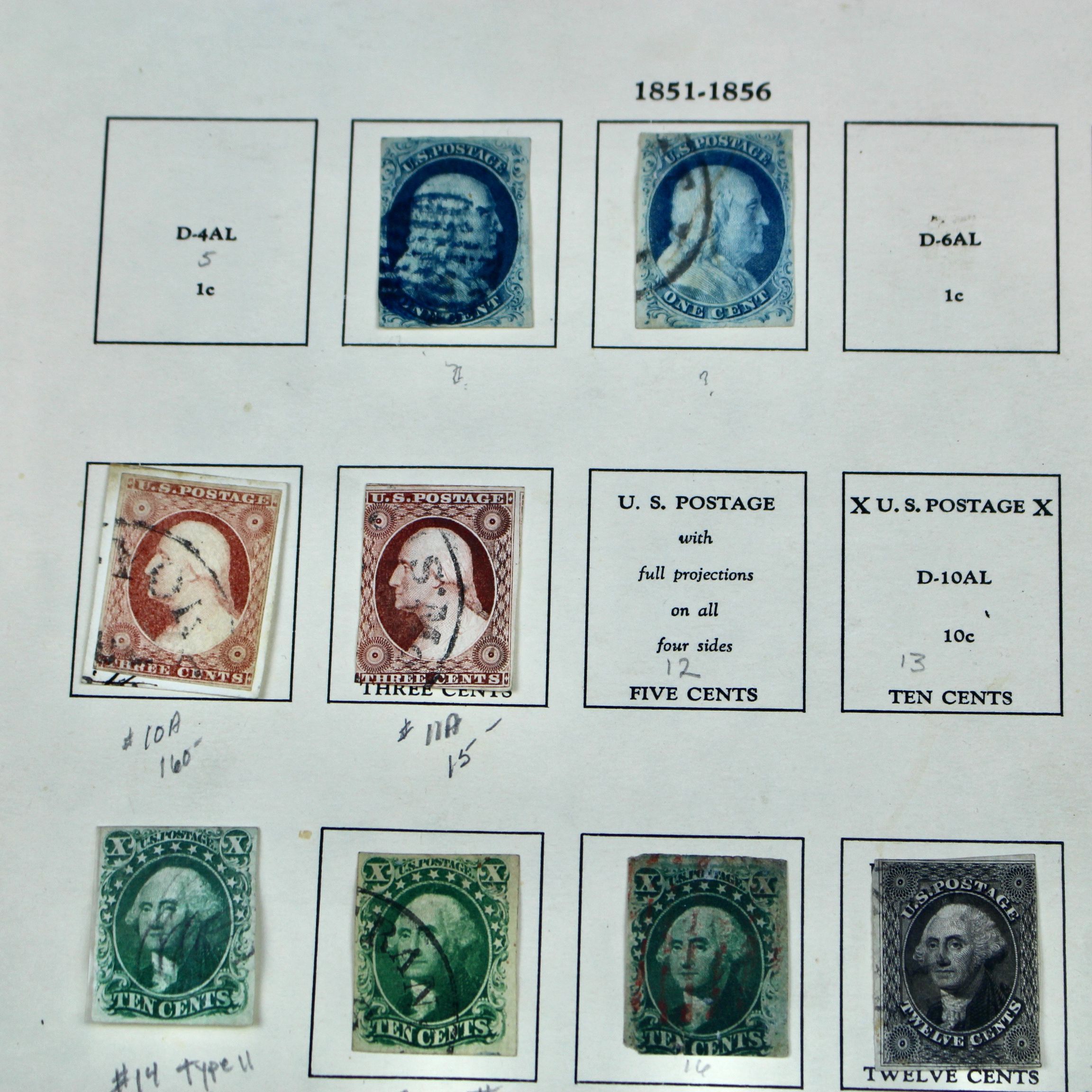 Sixteen Early Classic U.S. Postage Stamps, 1851 to 1860