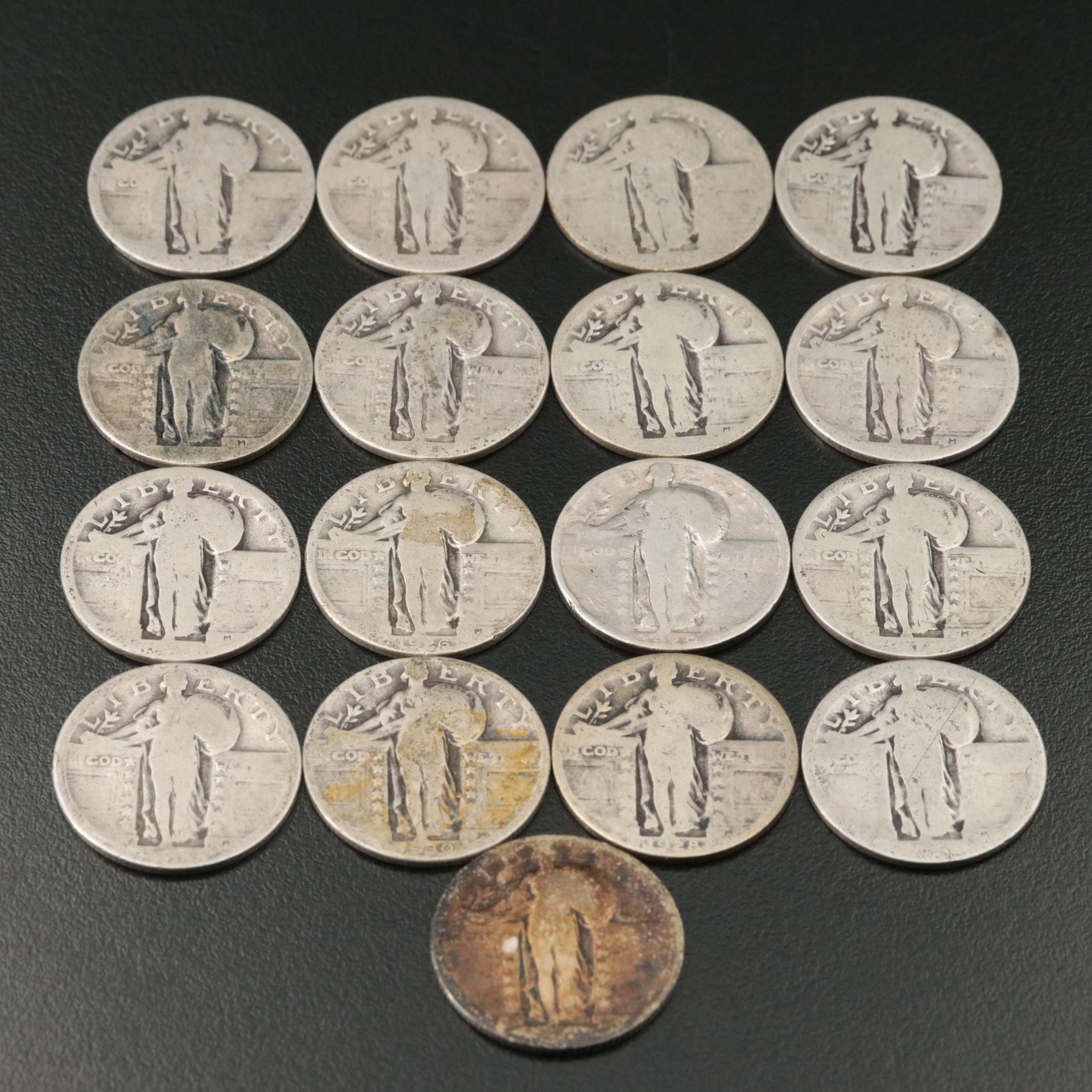 Seventeen Assorted Standing Liberty Silver Quarters