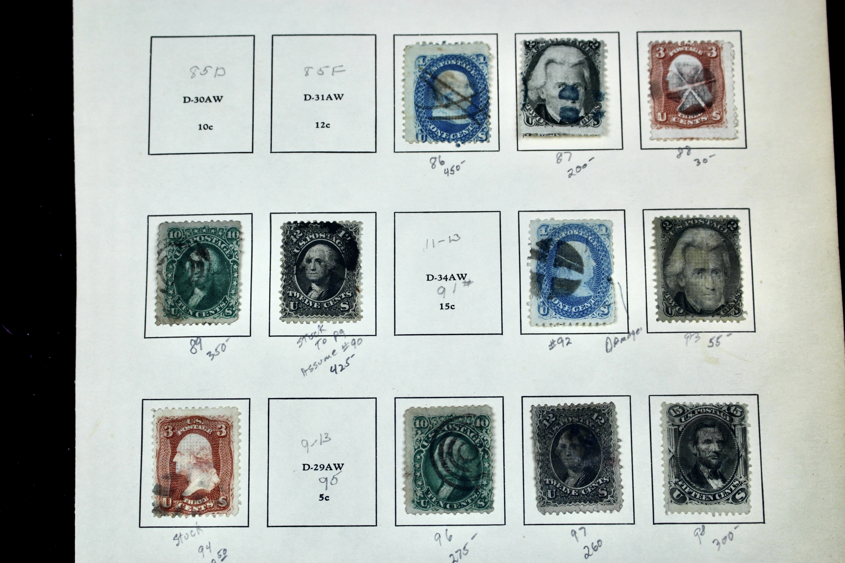 Eleven Classic U.S. Postage Stamps, Scott 86 to 98, All w/ Grills, 1867-1868