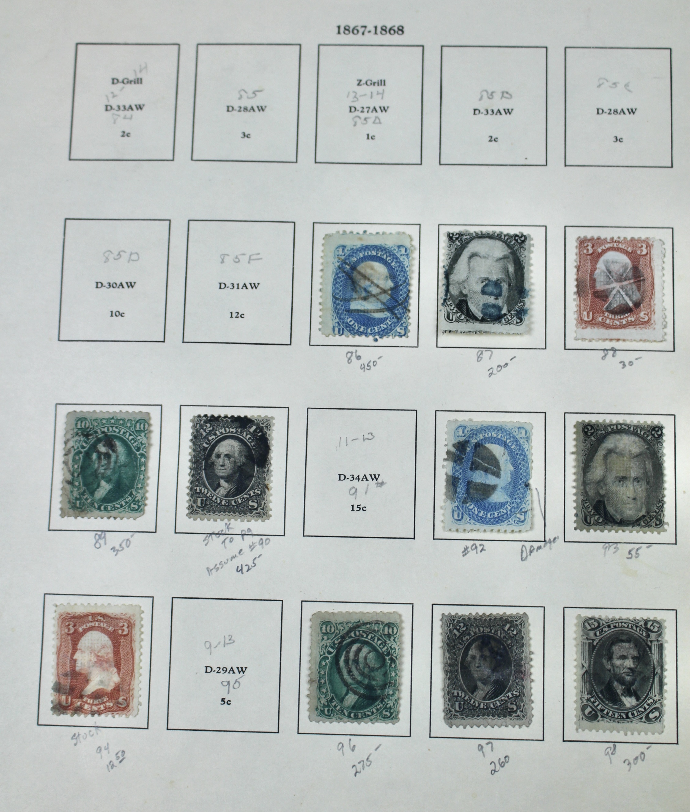 Eleven Classic U.S. Postage Stamps, Scott 86 to 98, All w/ Grills, 1867-1868