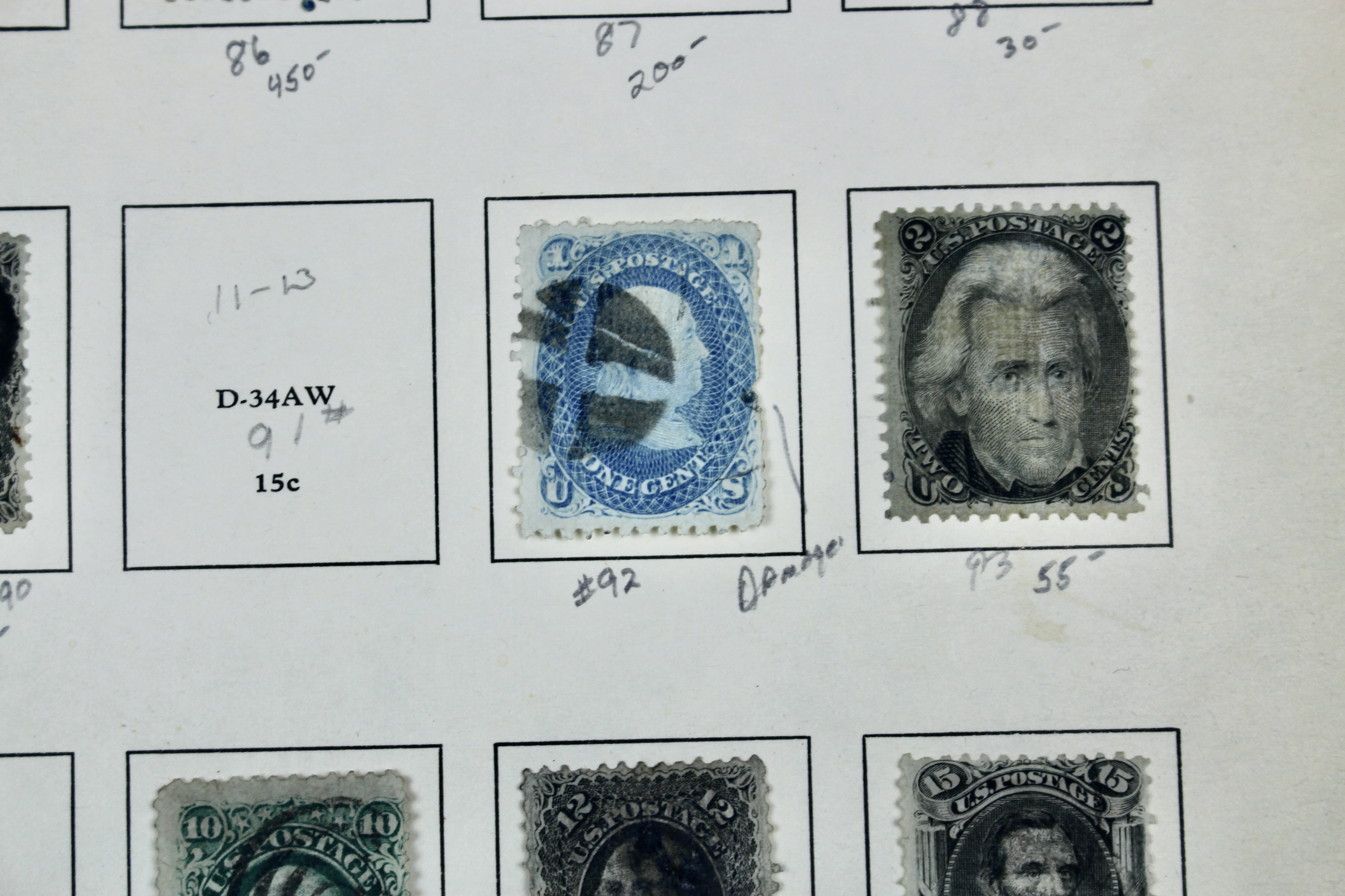 Eleven Classic U.S. Postage Stamps, Scott 86 to 98, All w/ Grills, 1867-1868