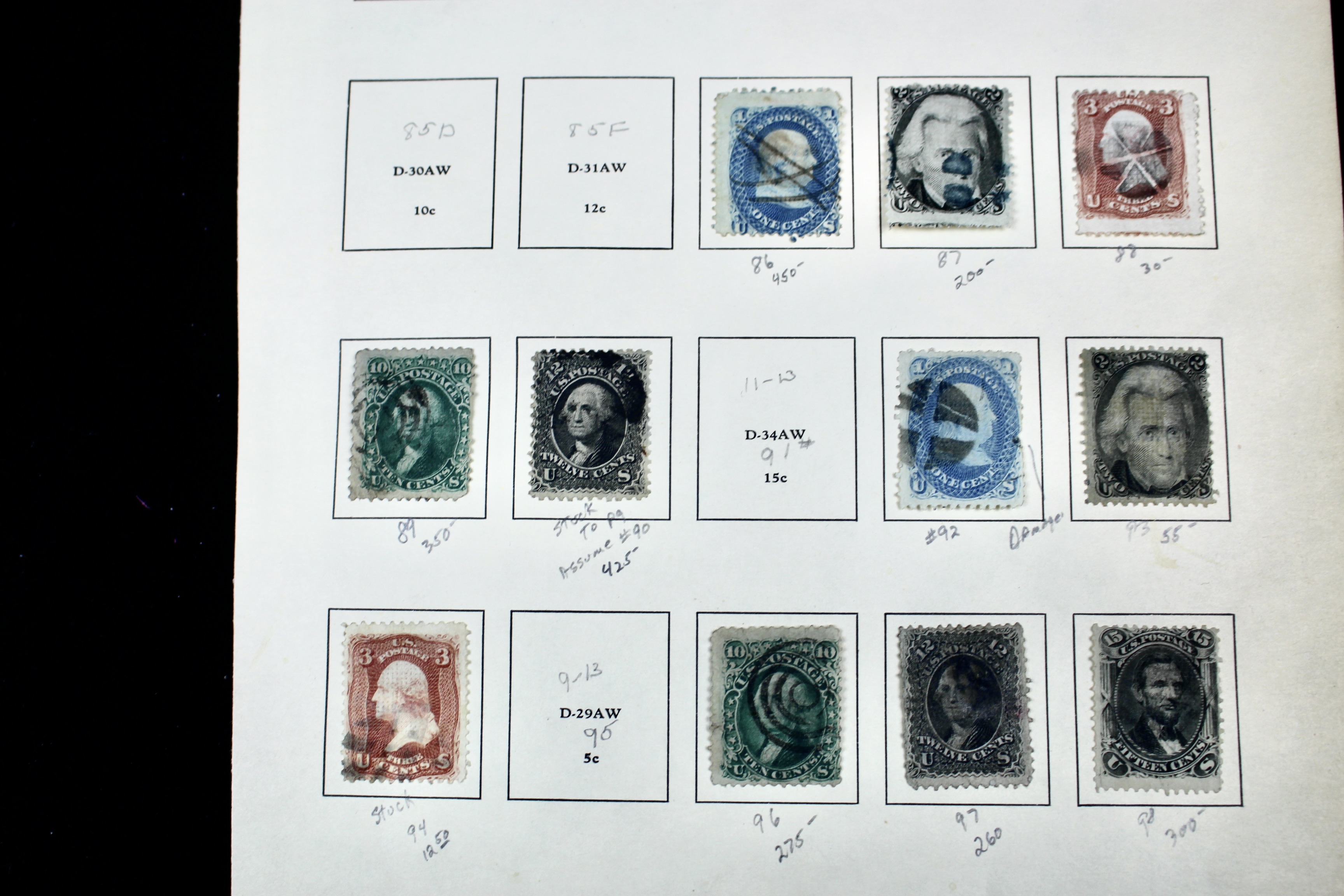 Eleven Classic U.S. Postage Stamps, Scott 86 to 98, All w/ Grills, 1867-1868