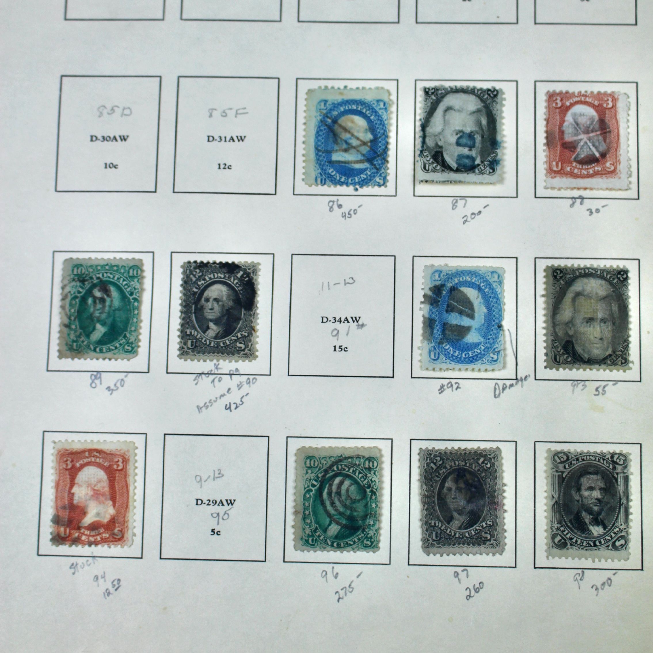 Eleven Classic U.S. Postage Stamps, Scott 86 to 98, All w/ Grills, 1867-1868