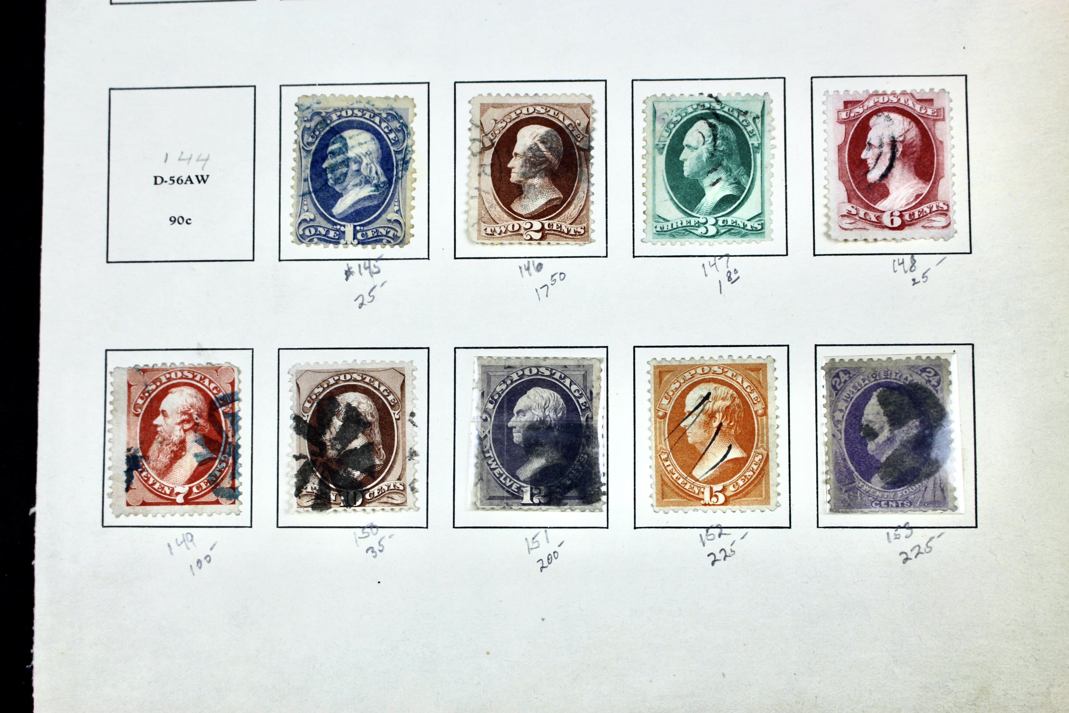 Fourteen Early U.S. Postage Stamps, 1870-1871
