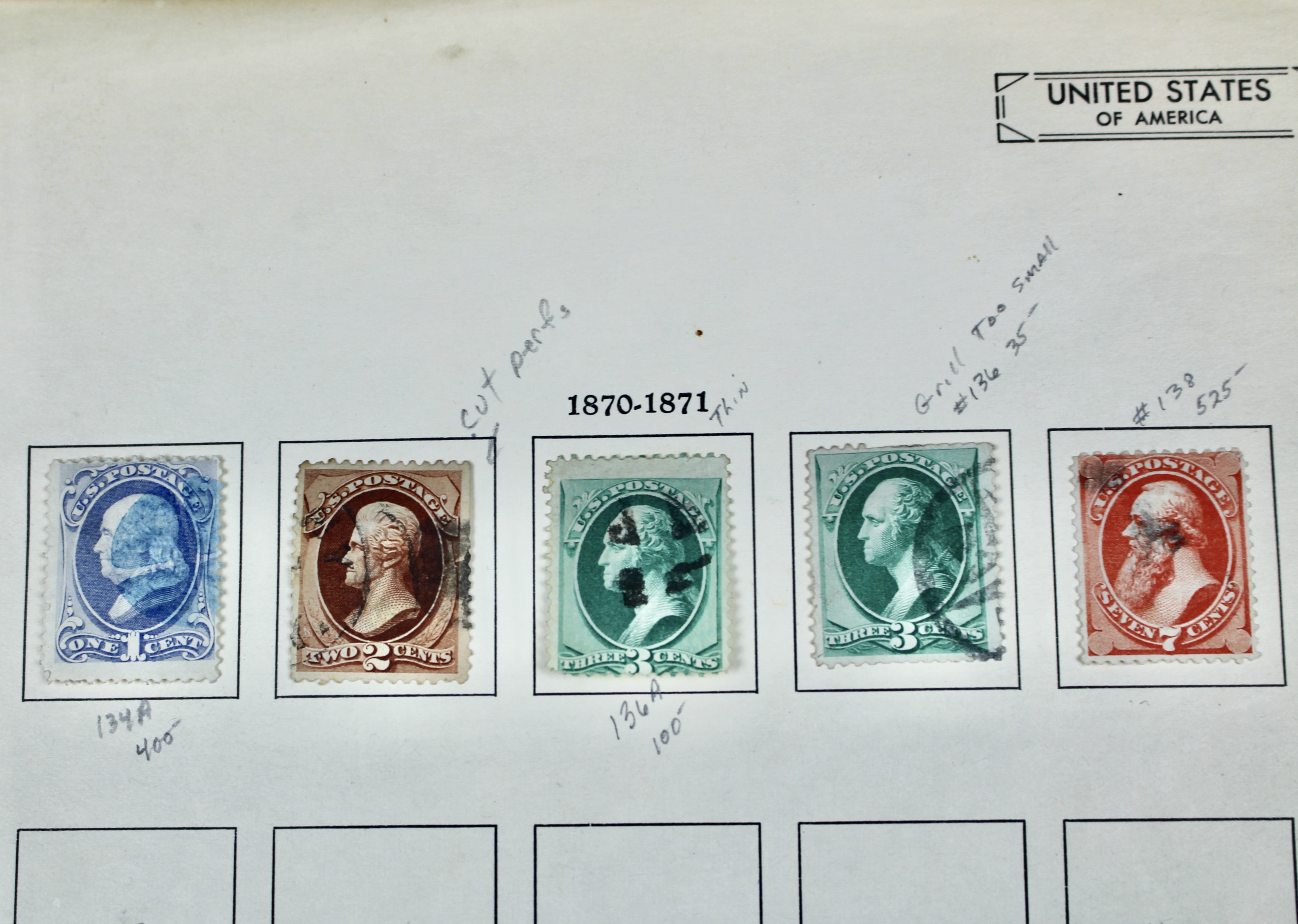 Fourteen Early U.S. Postage Stamps, 1870-1871