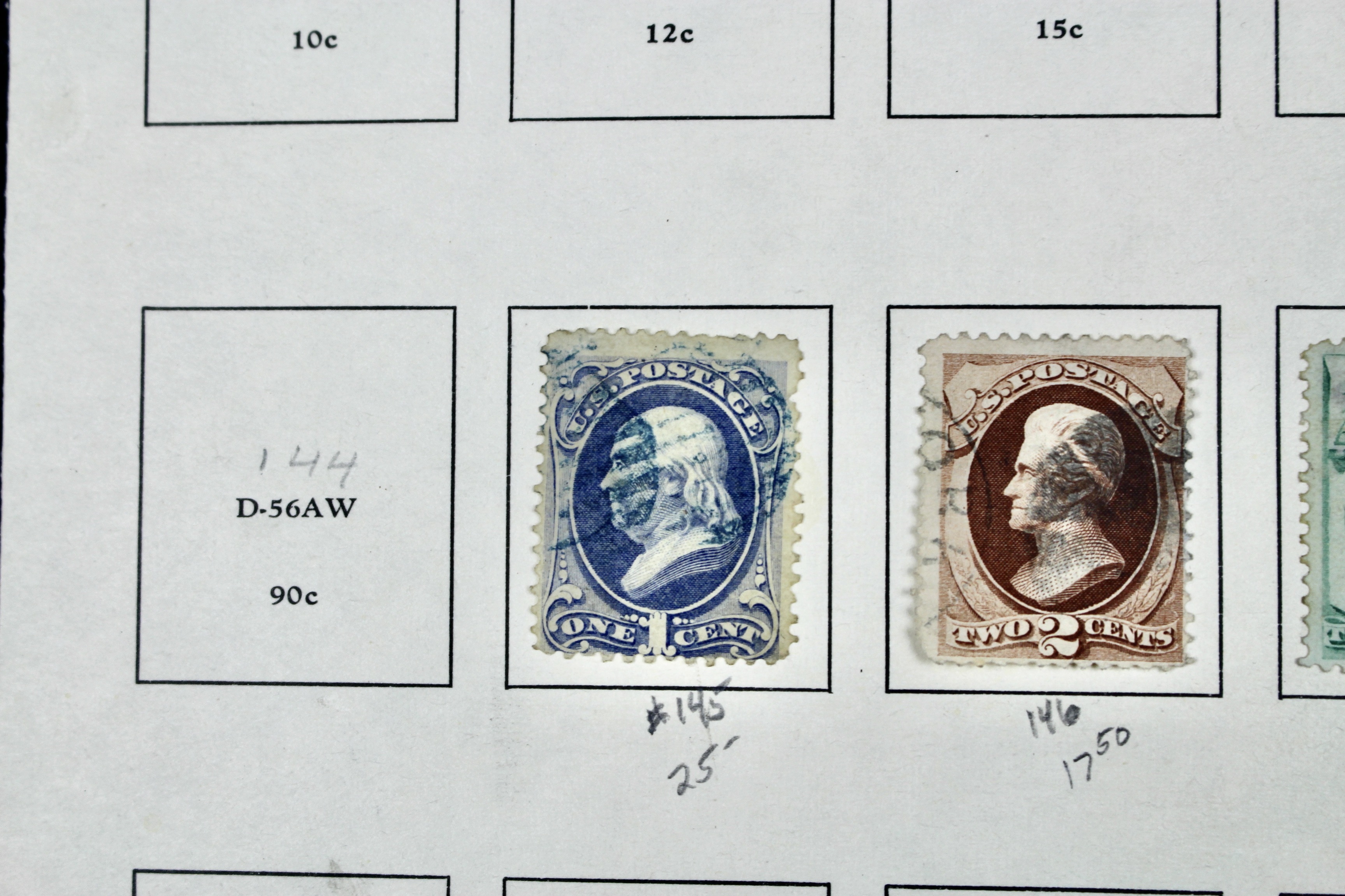 Fourteen Early U.S. Postage Stamps, 1870-1871