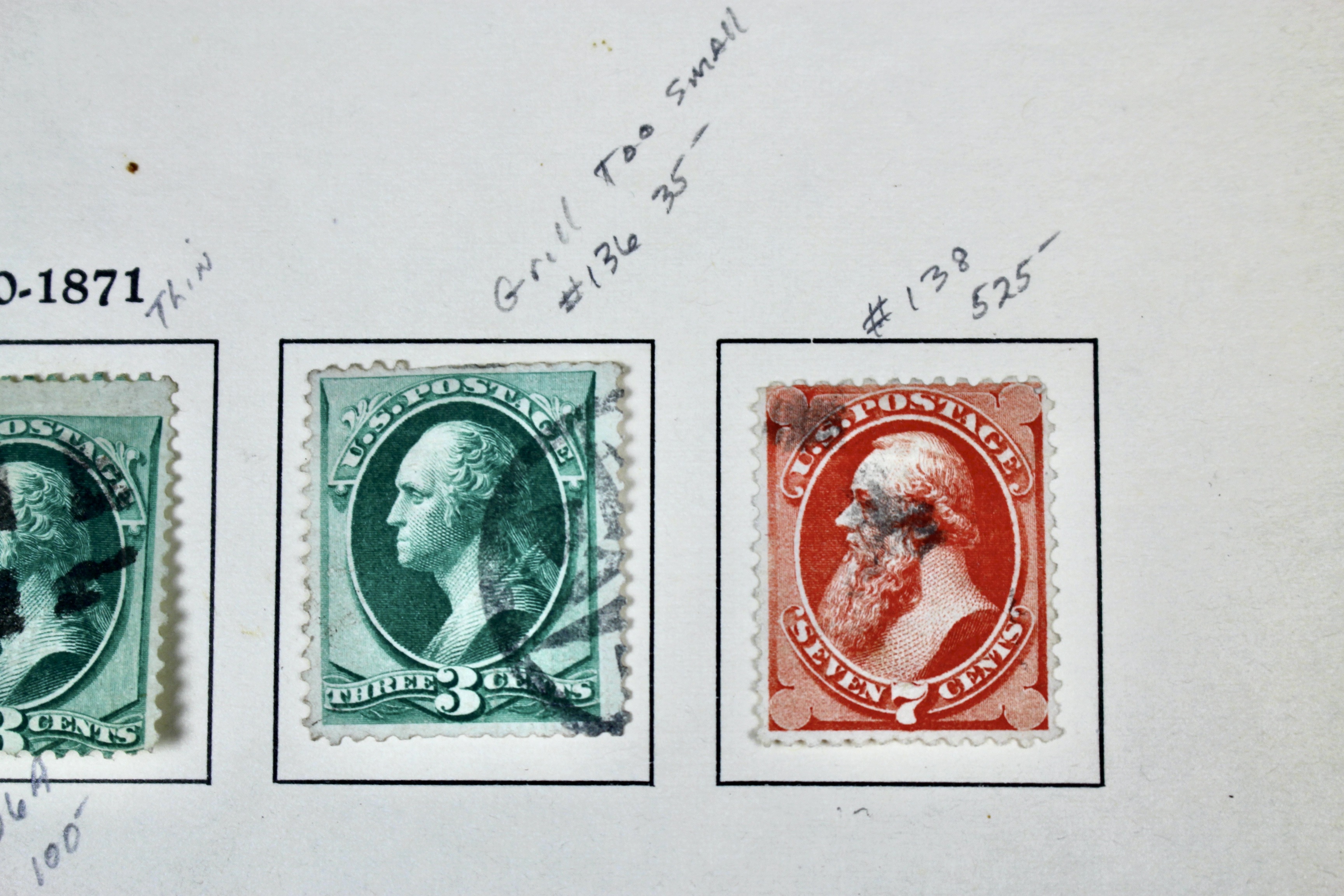 Fourteen Early U.S. Postage Stamps, 1870-1871