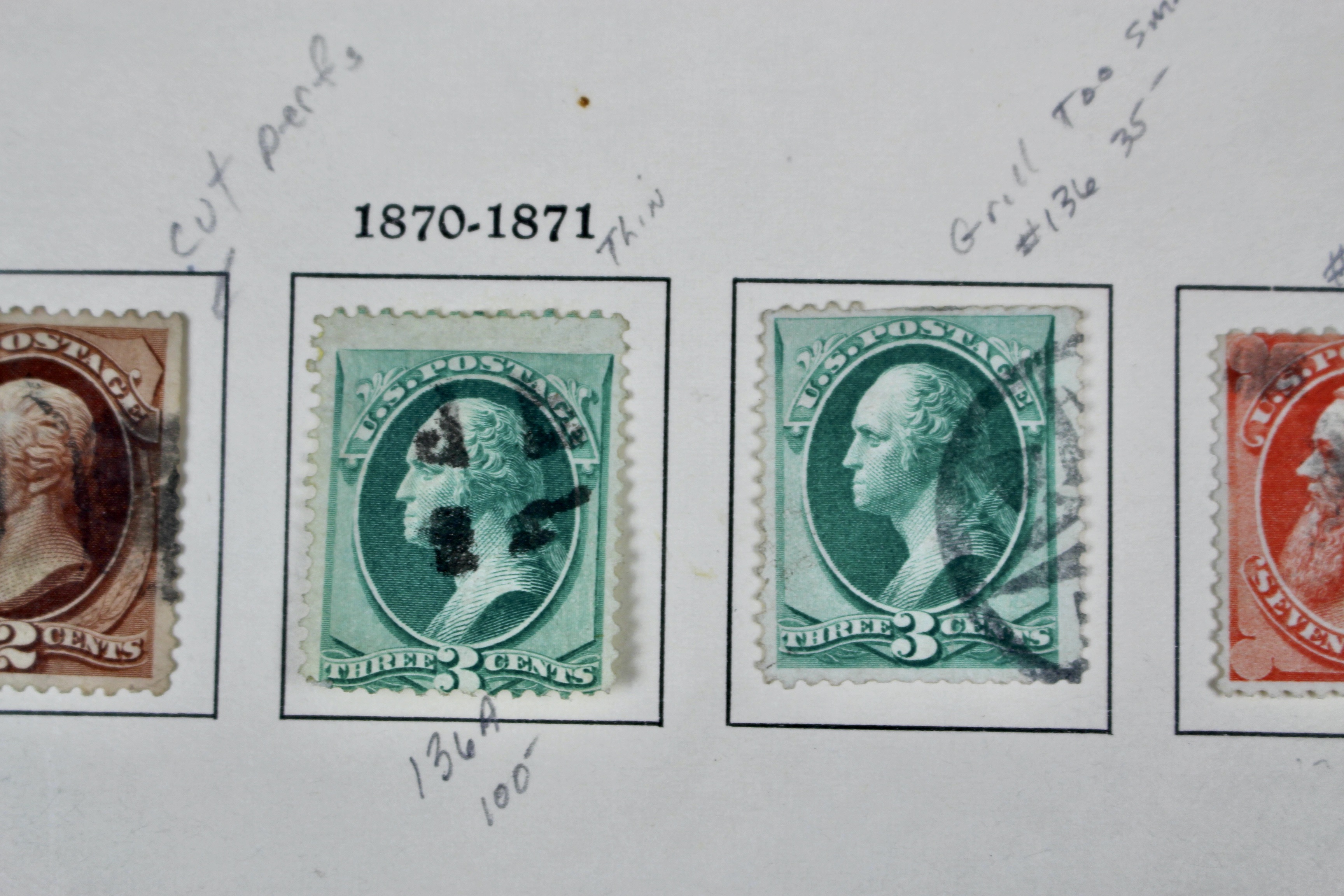 Fourteen Early U.S. Postage Stamps, 1870-1871