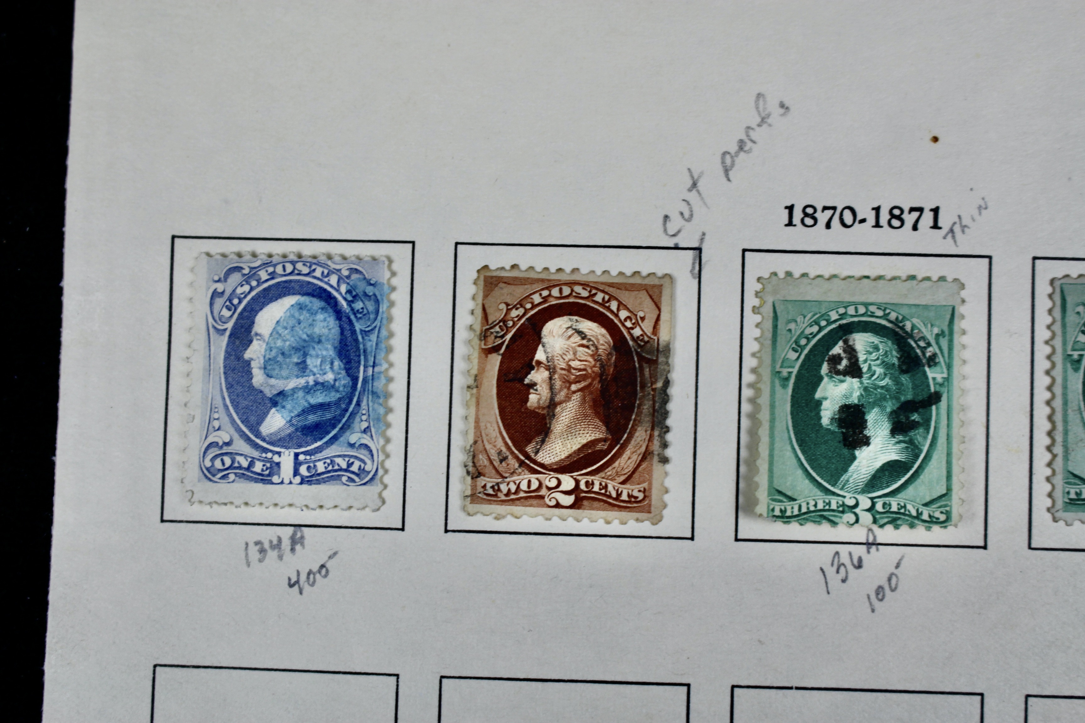 Fourteen Early U.S. Postage Stamps, 1870-1871