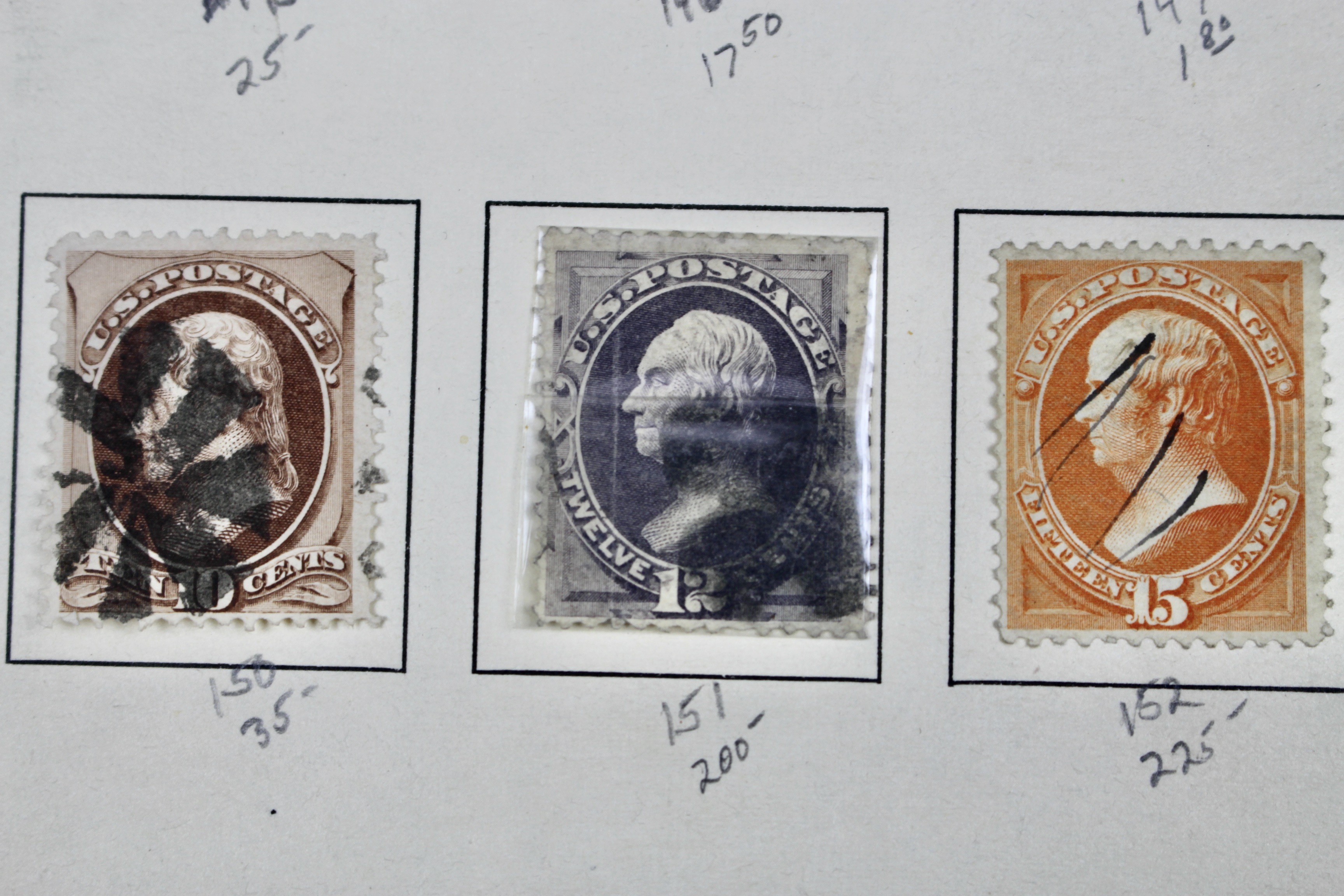 Fourteen Early U.S. Postage Stamps, 1870-1871