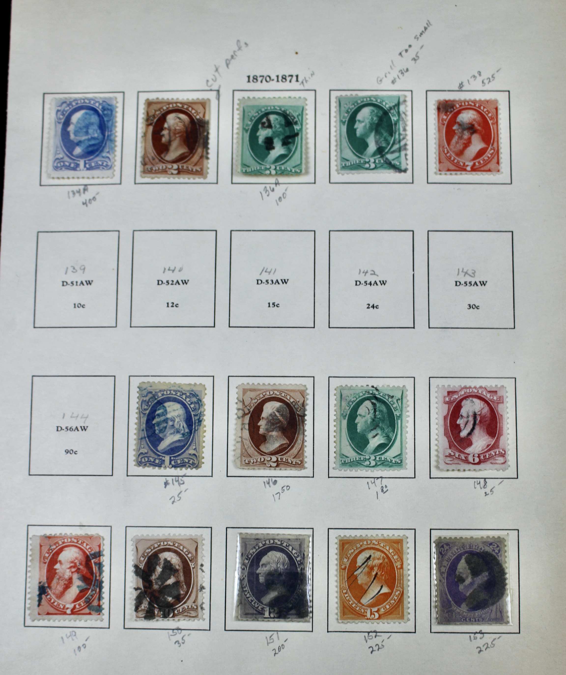 Fourteen Early U.S. Postage Stamps, 1870-1871