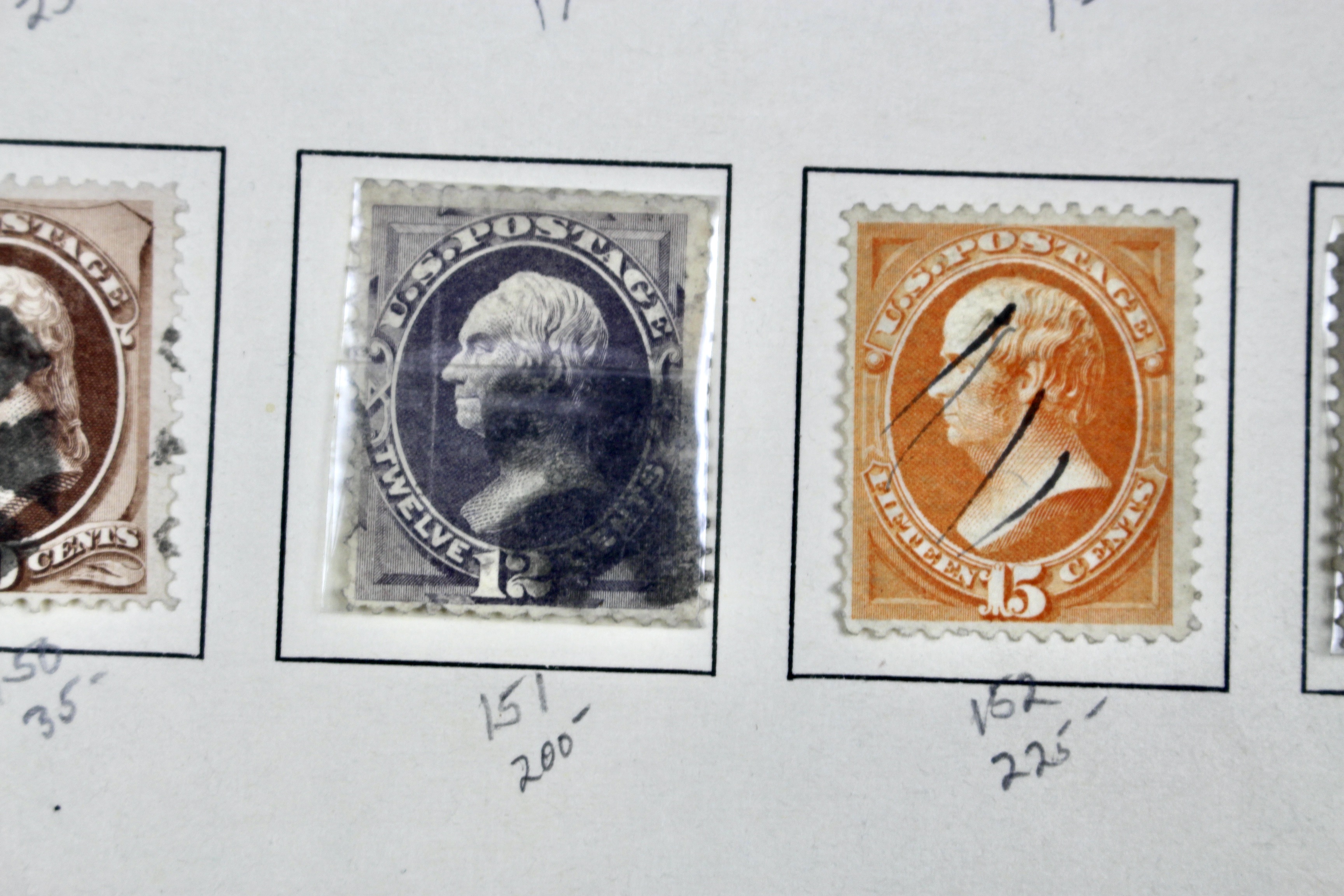 Fourteen Early U.S. Postage Stamps, 1870-1871