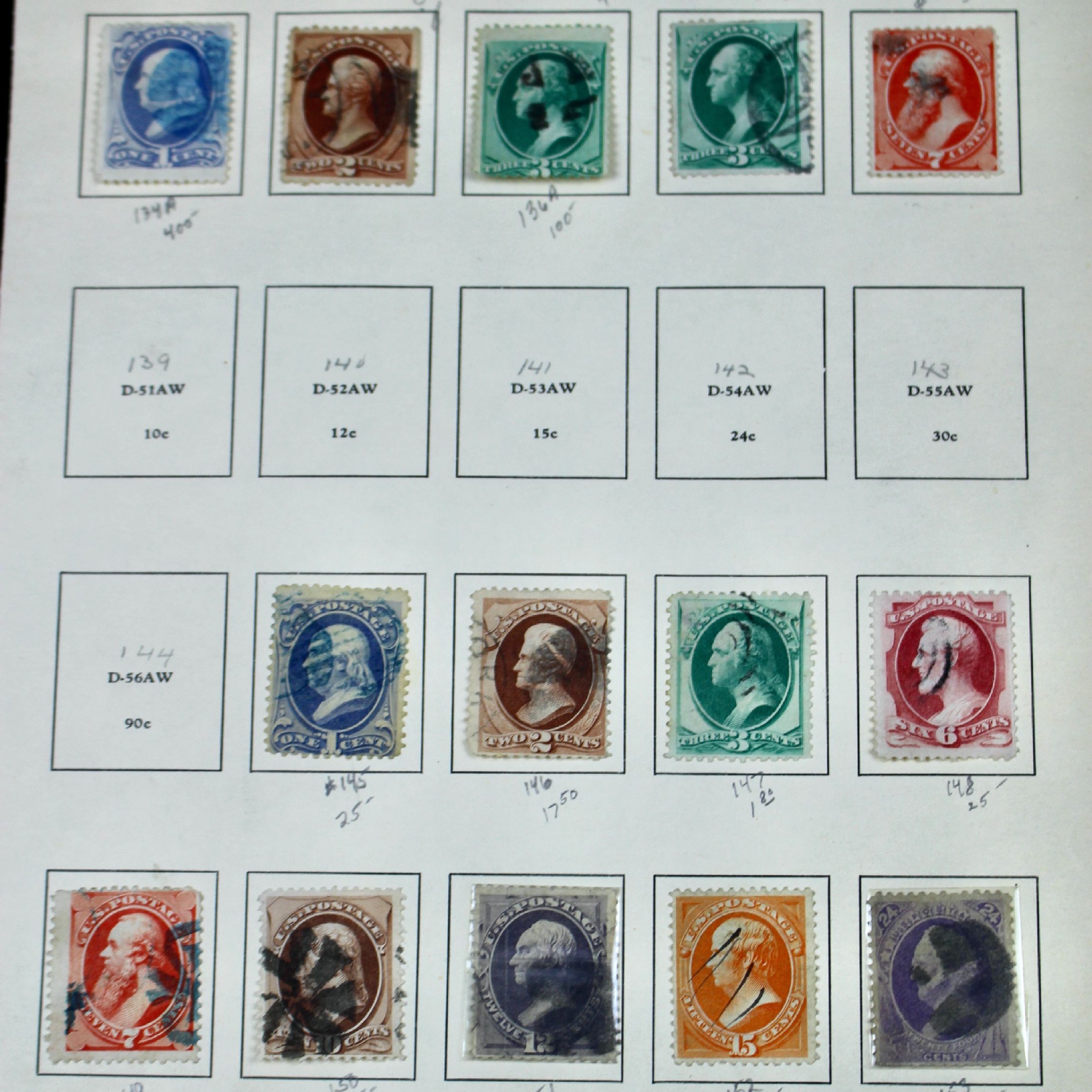 Fourteen Early U.S. Postage Stamps, 1870-1871