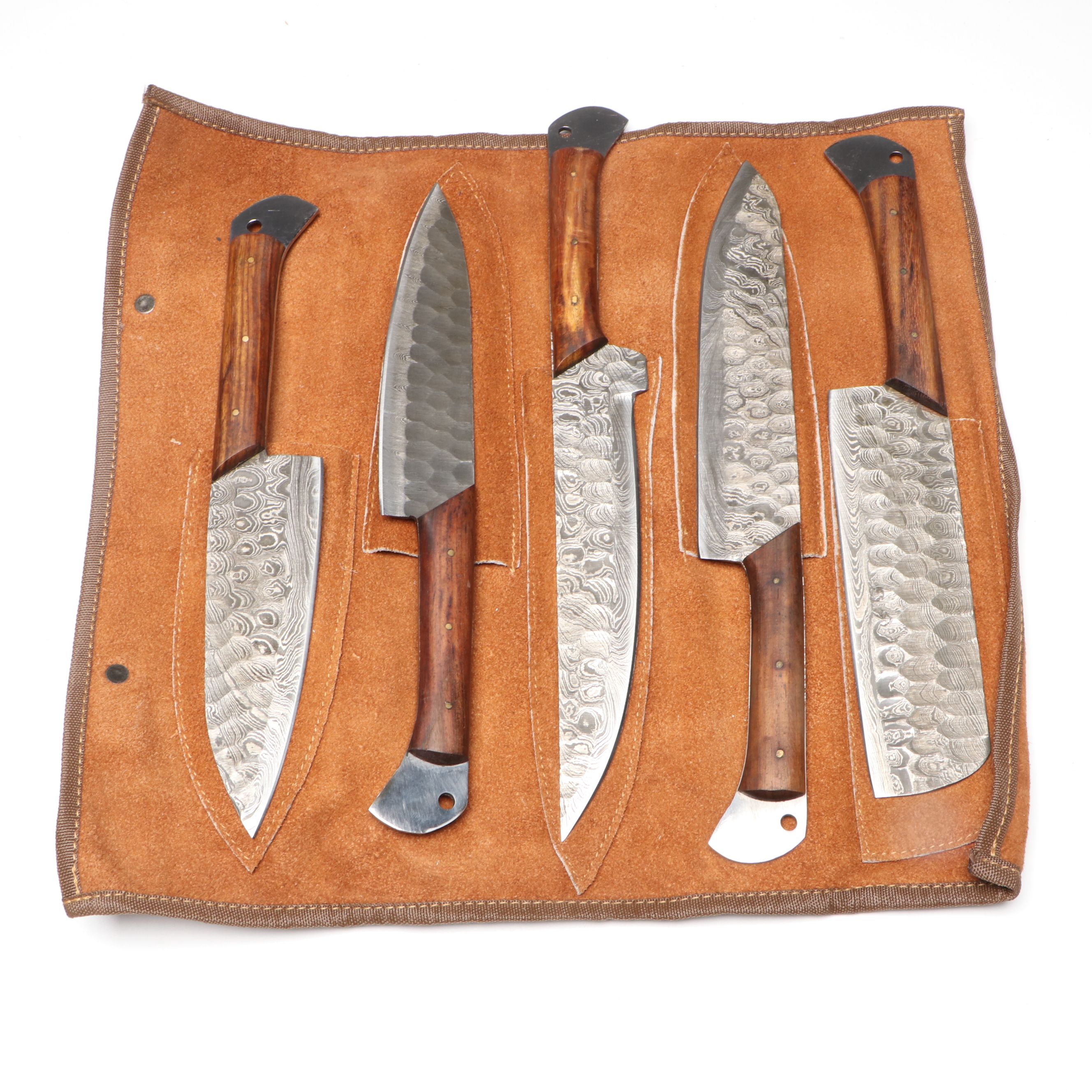 Damascus Steel and Wooden Handled Chef's Knife Set in Suede Leather Roll