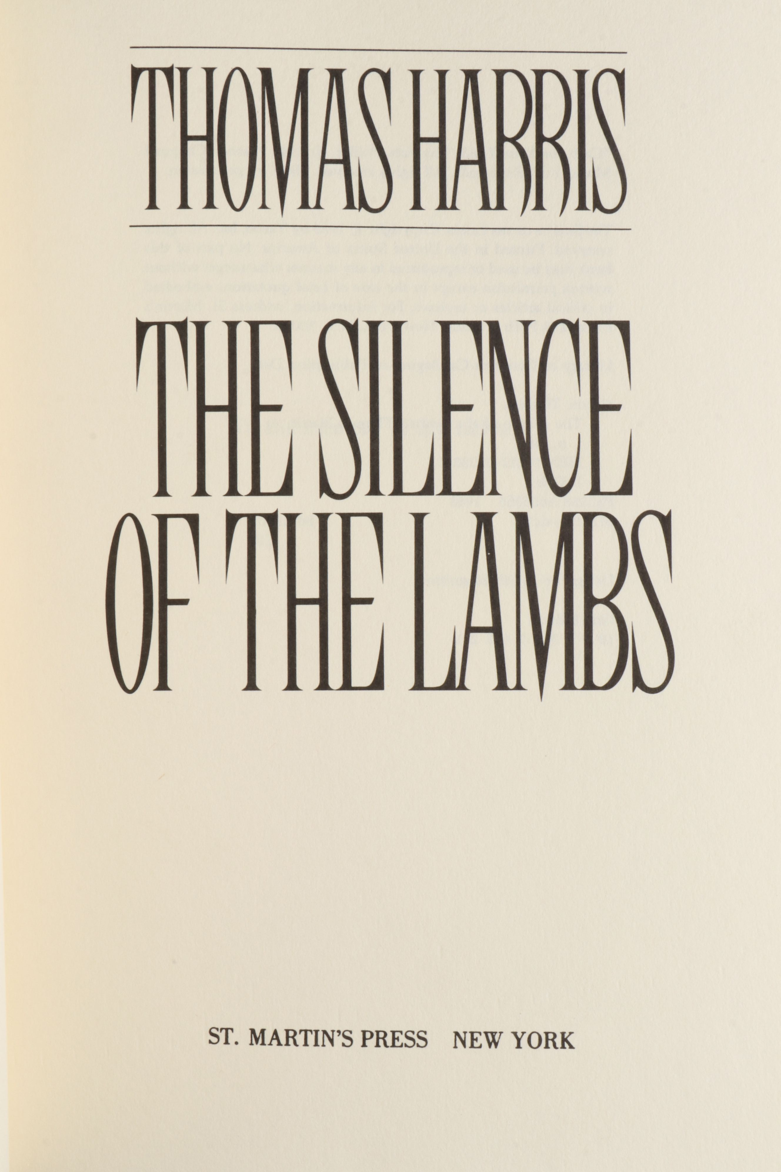 First Printing "The Silence of the Lambs" by Thomas Harris, 1988
