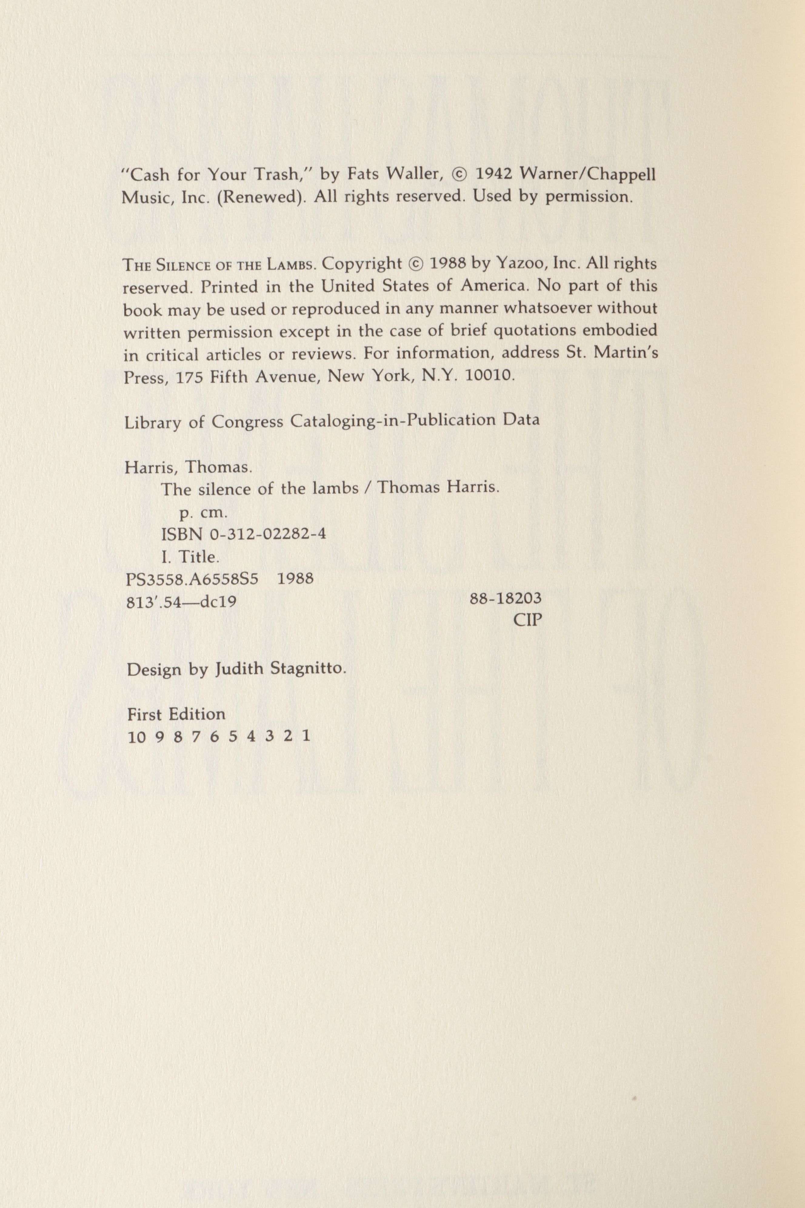 First Printing "The Silence of the Lambs" by Thomas Harris, 1988