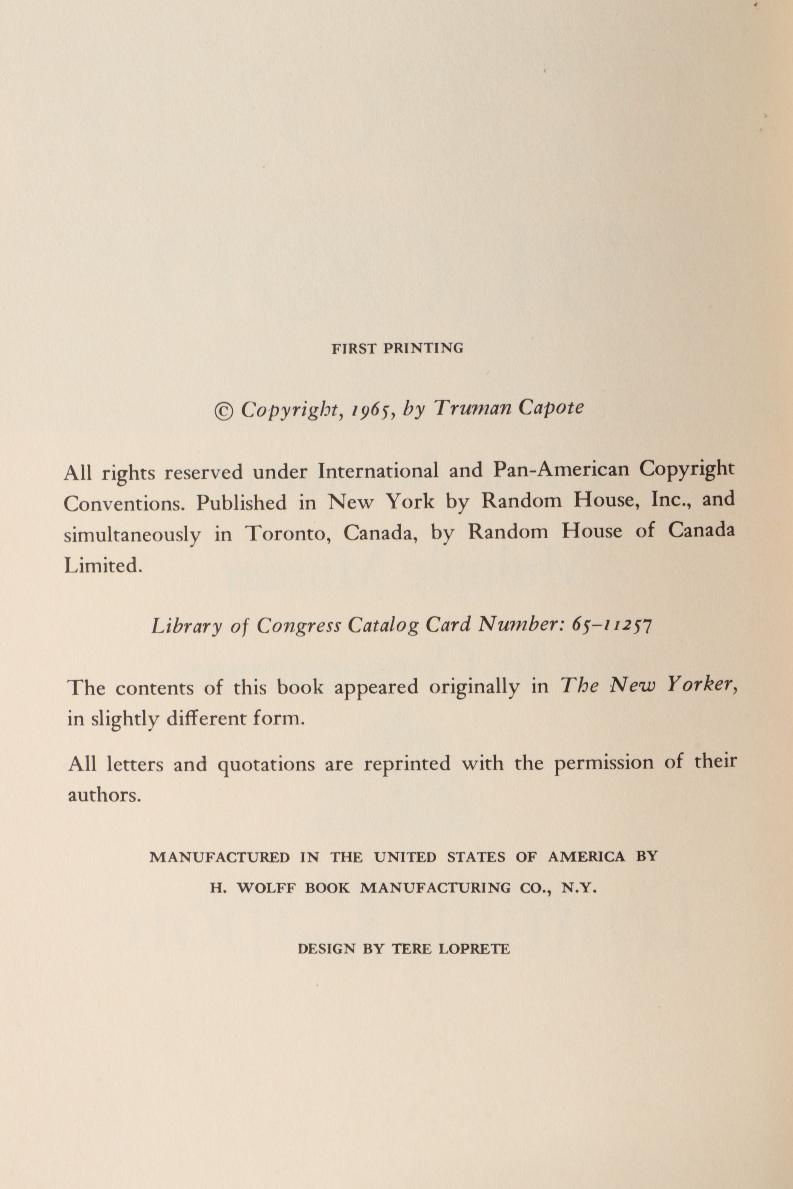 First Edition "In Cold Blood" by Truman Capote, 1966
