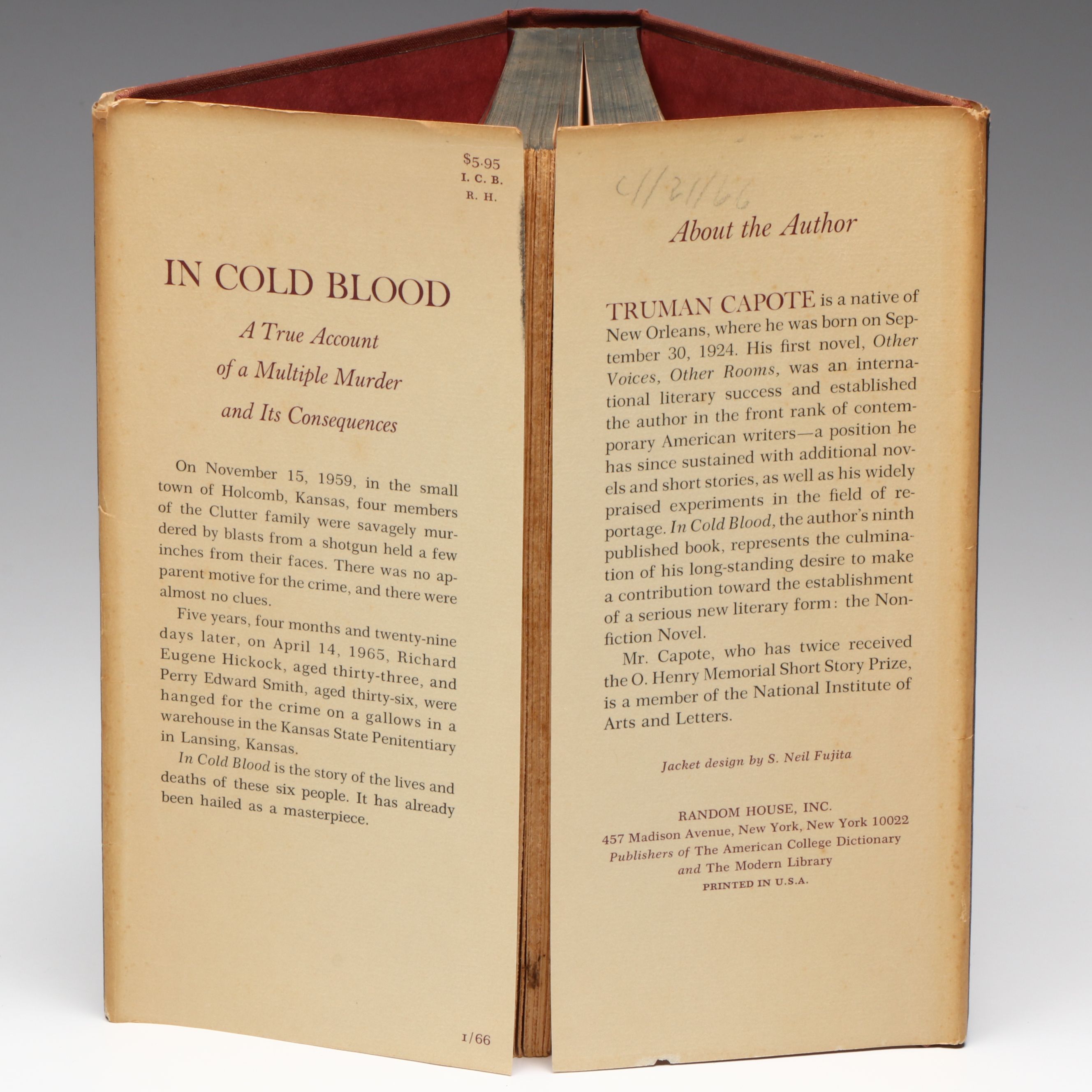 First Edition "In Cold Blood" by Truman Capote, 1966