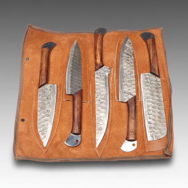 Damascus Steel and Wooden Handled Chef's Knife Set in Suede Leather Roll
