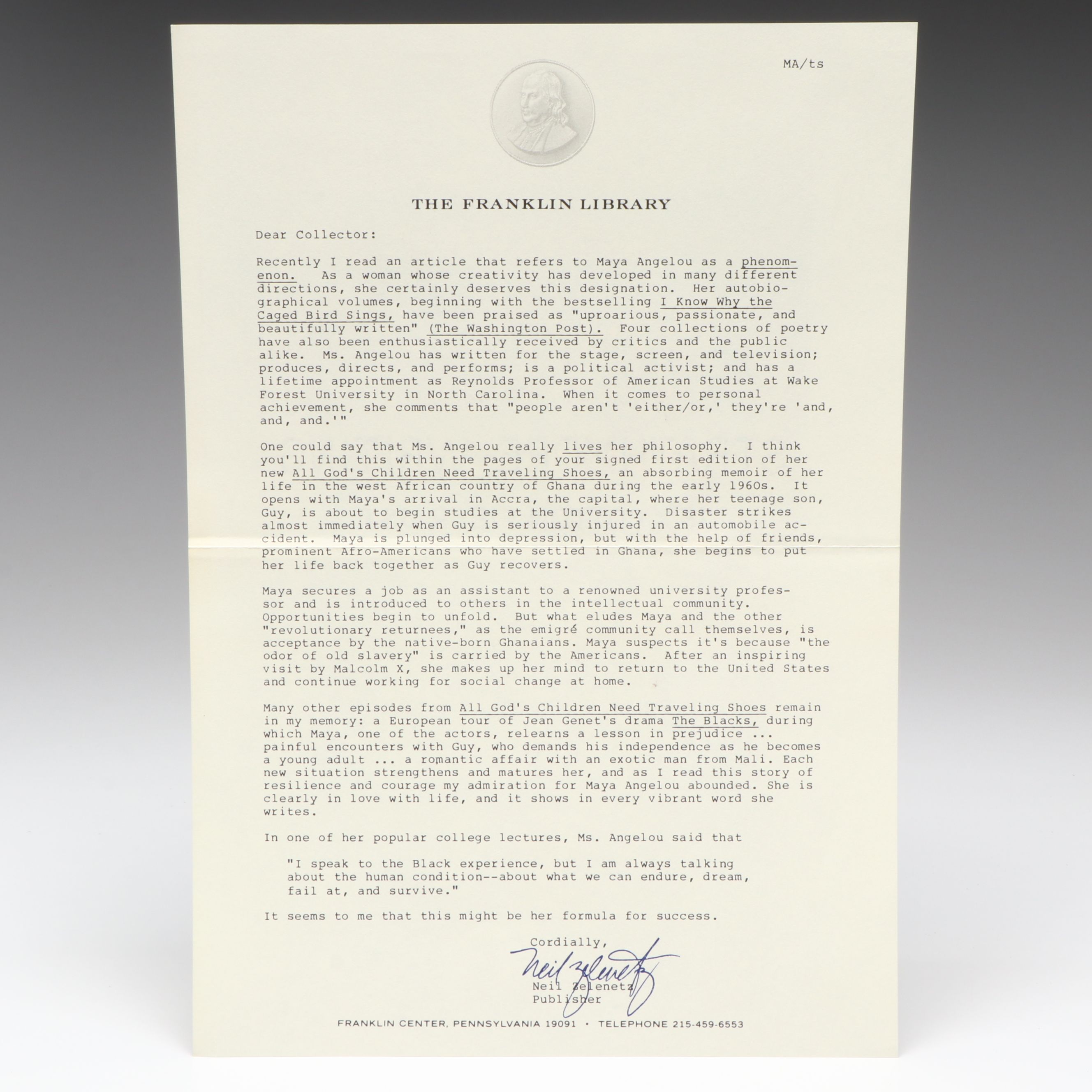 Franklin Library Signed First Edition "All God's Children" by Maya Angelou, 1986