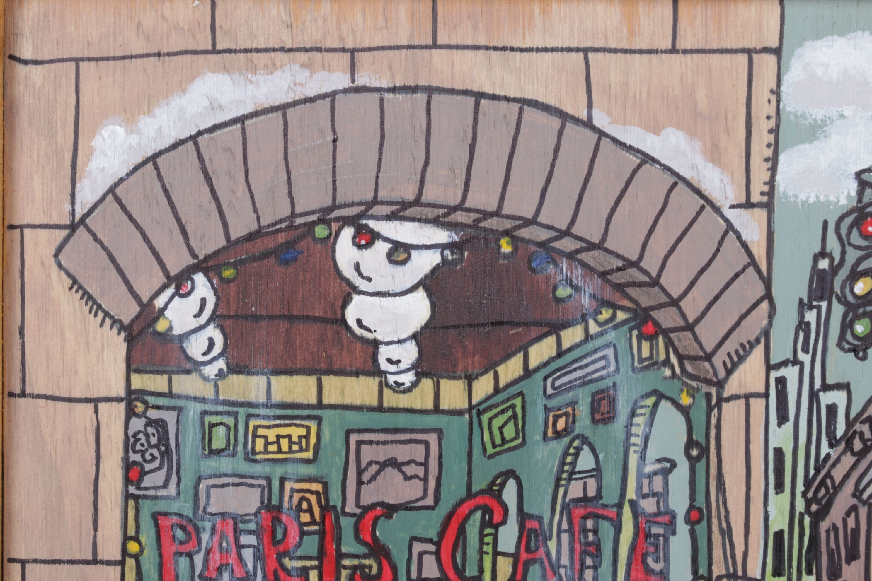 Aaron Wooten Mixed Media Painting of Stylized Facade "Paris Cafe", 2025