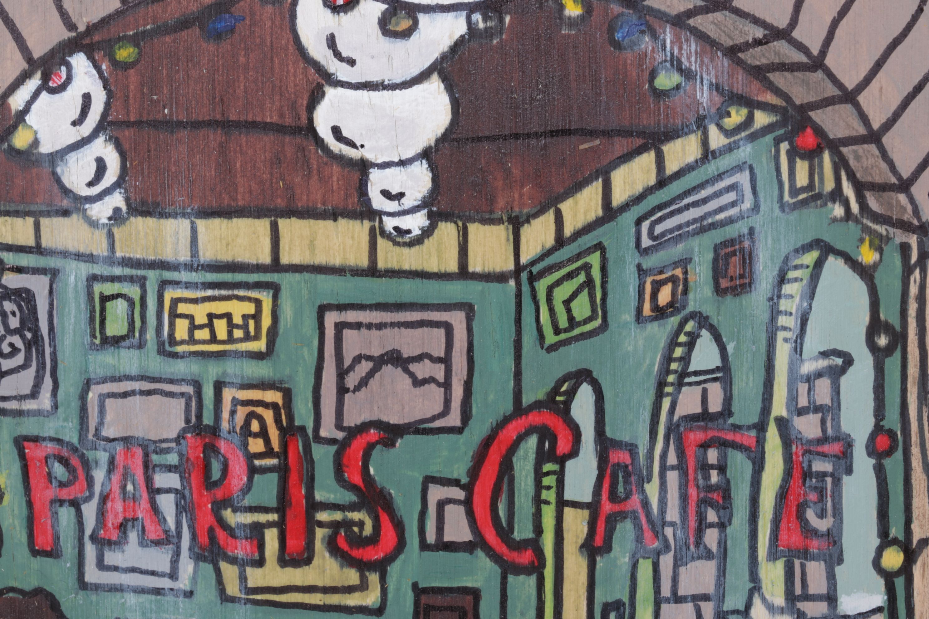 Aaron Wooten Mixed Media Painting of Stylized Facade "Paris Cafe", 2025