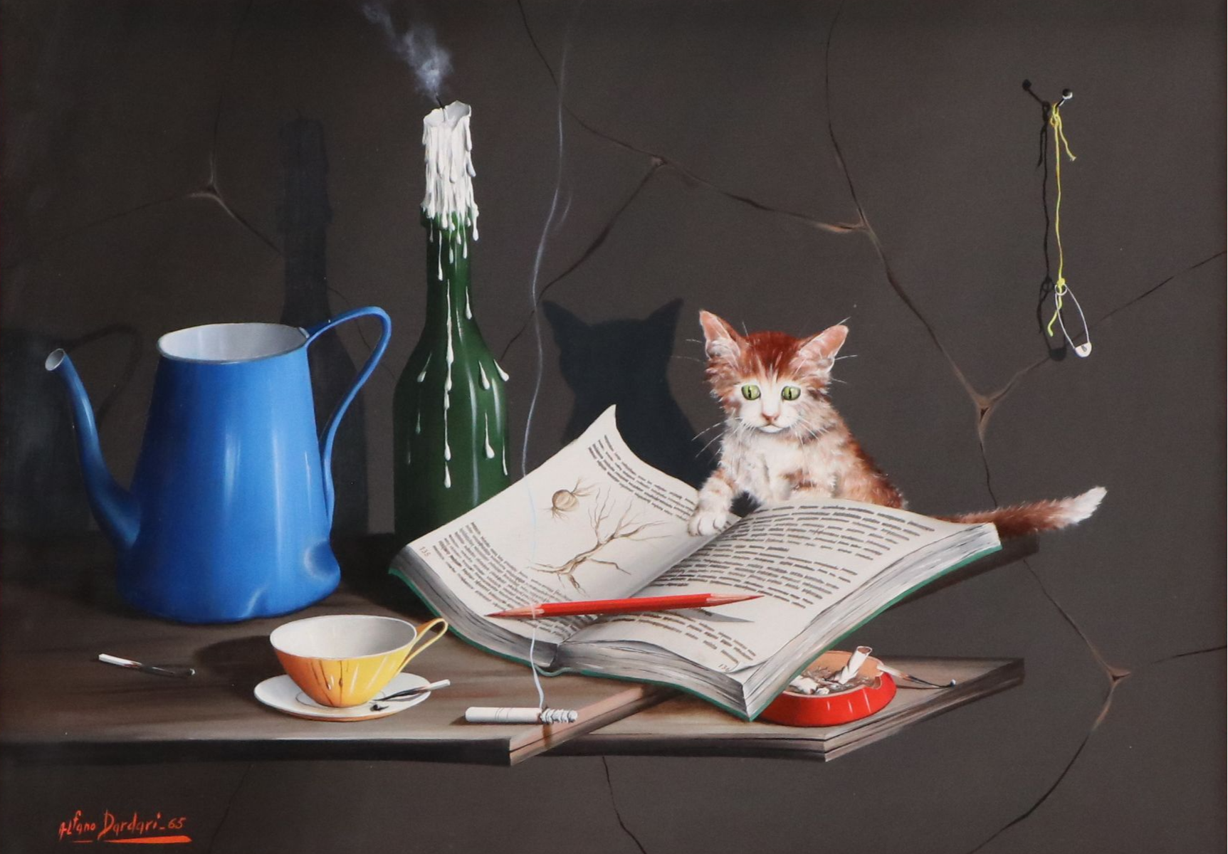 Alfano Dardari Still Life Oil Painting with Kitten, 1965
