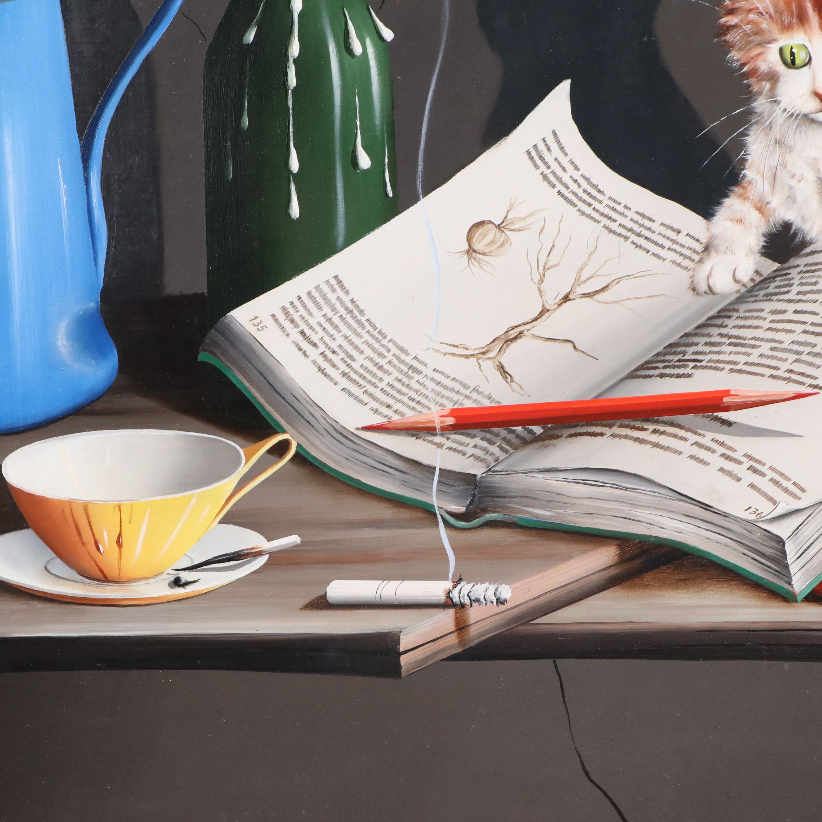 Alfano Dardari Still Life Oil Painting with Kitten, 1965