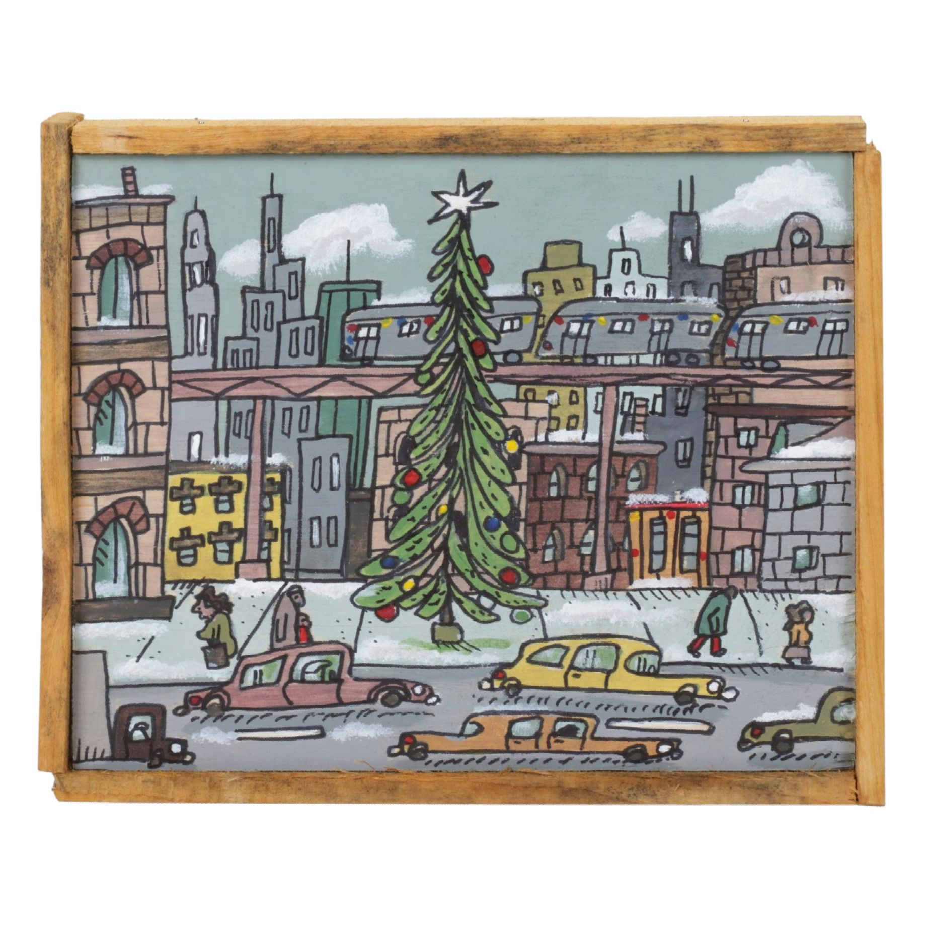 Aaron Wooten Cityscape Mixed Media Painting "Downtown Tree", 2025