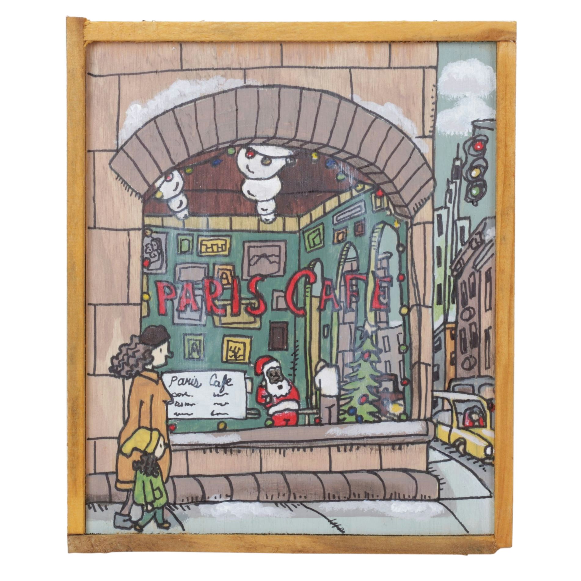 Aaron Wooten Mixed Media Painting of Stylized Facade "Paris Cafe", 2025