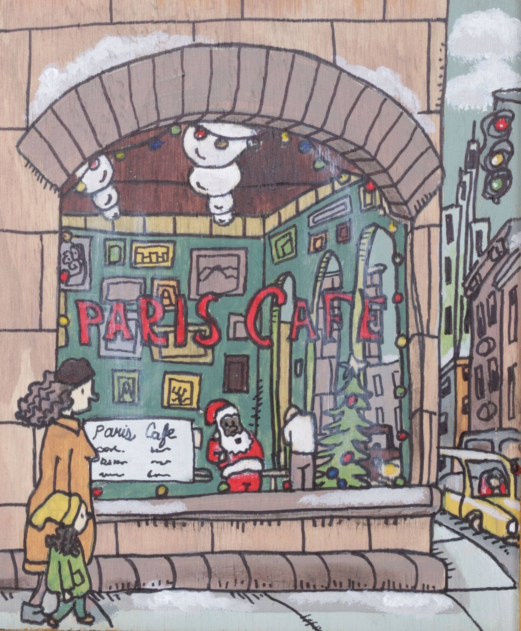 Aaron Wooten Mixed Media Painting of Stylized Facade "Paris Cafe", 2025