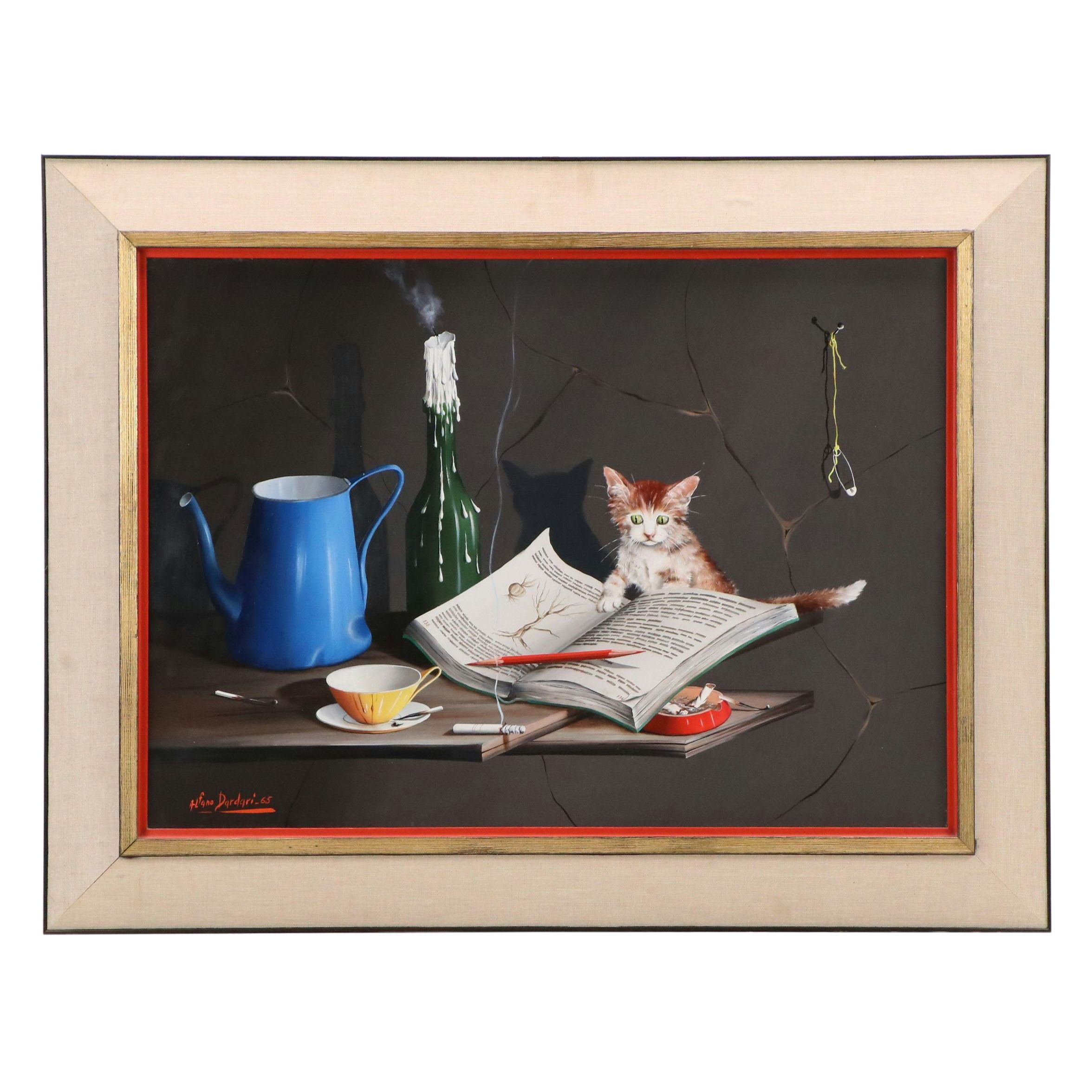 Alfano Dardari Still Life Oil Painting with Kitten, 1965