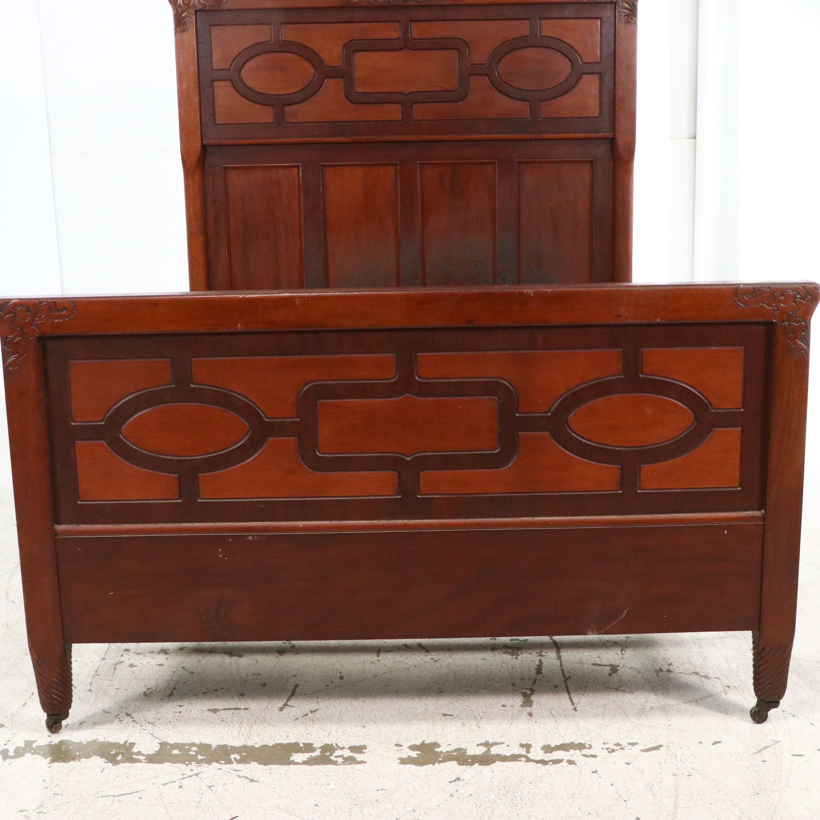 Late Victorian Walnut Full-Size Bed with Fretwork Panels, Late 19th Century